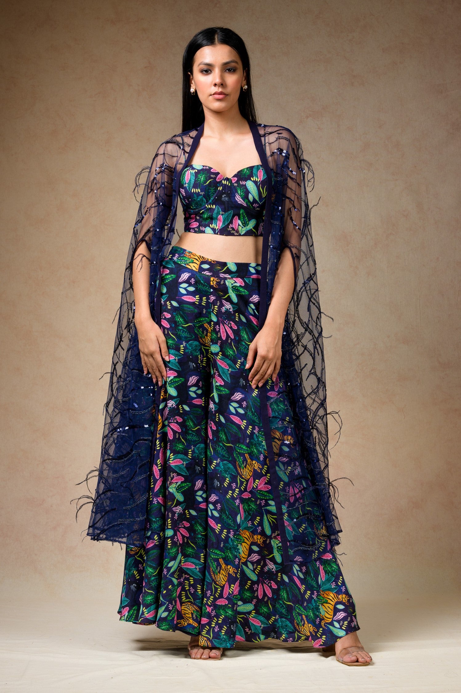 Bustier With Sharara And Feather Cape