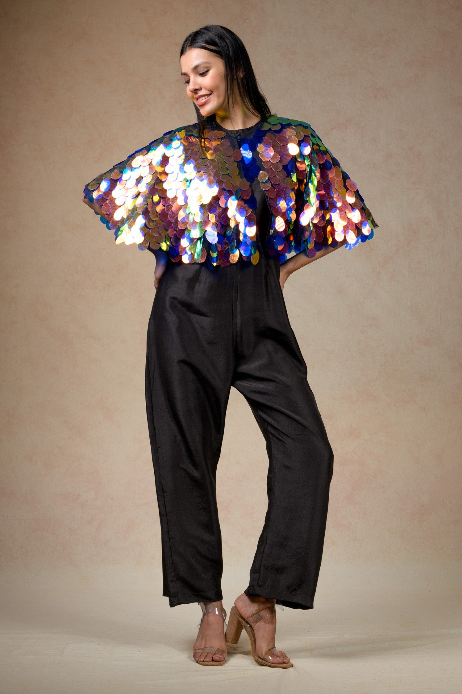 Embellished Cape With Jumpsuit – AGASHE - Main Image