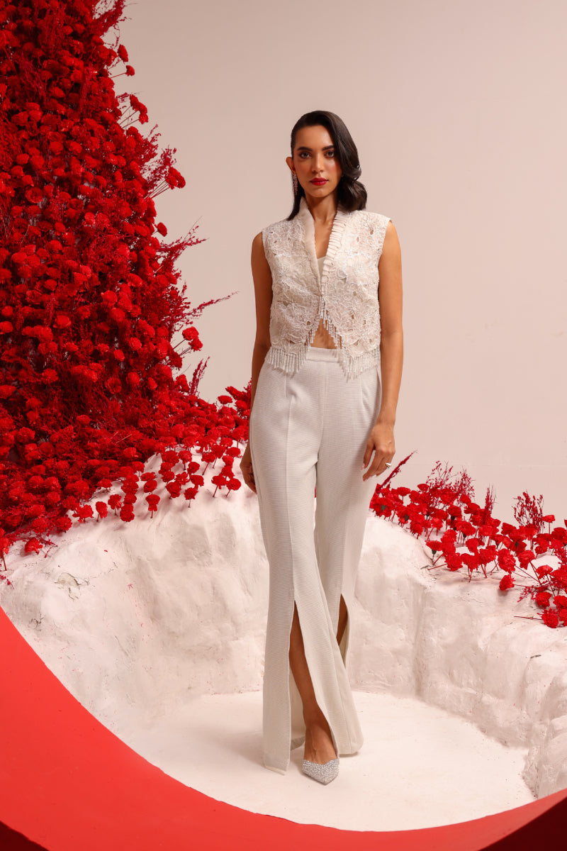 Galaxy cutwork white jacket pant set