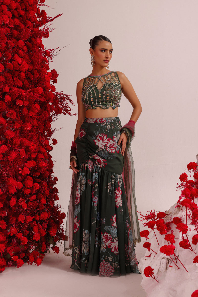 Khwaish green fishcut lehenga