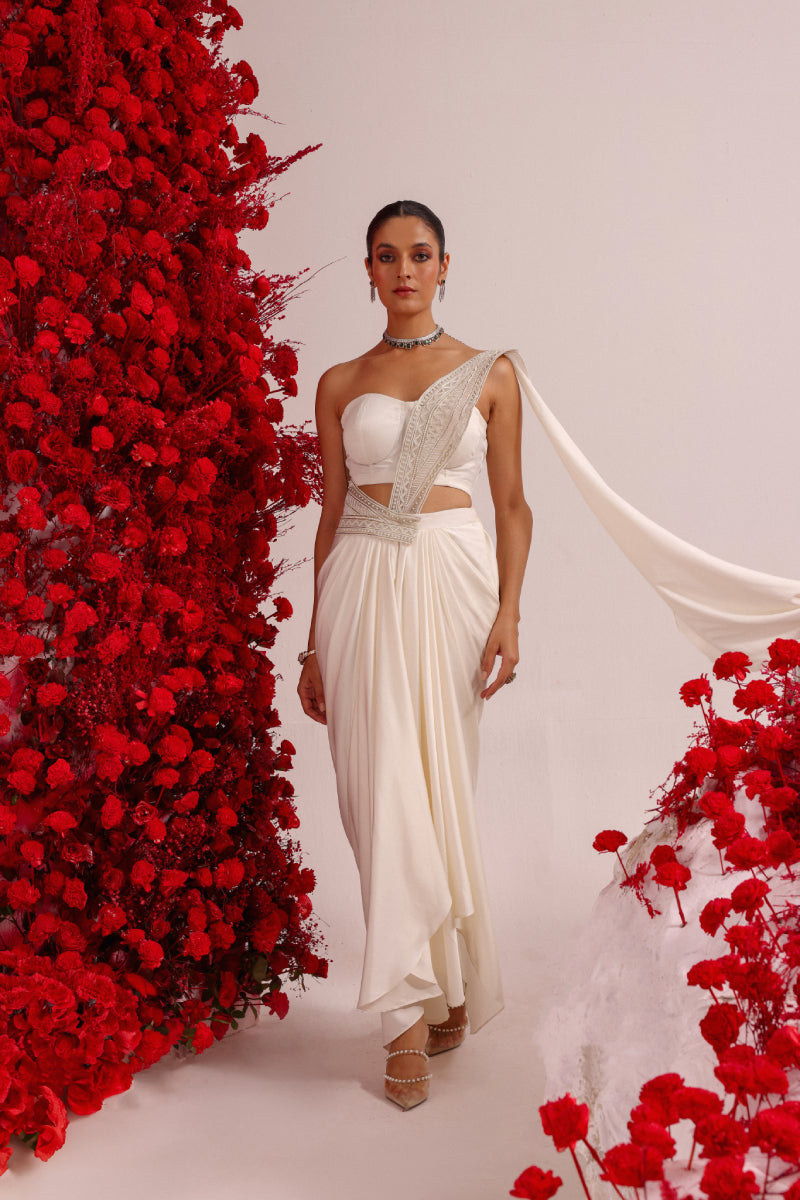 Snow white cutout palla drape set