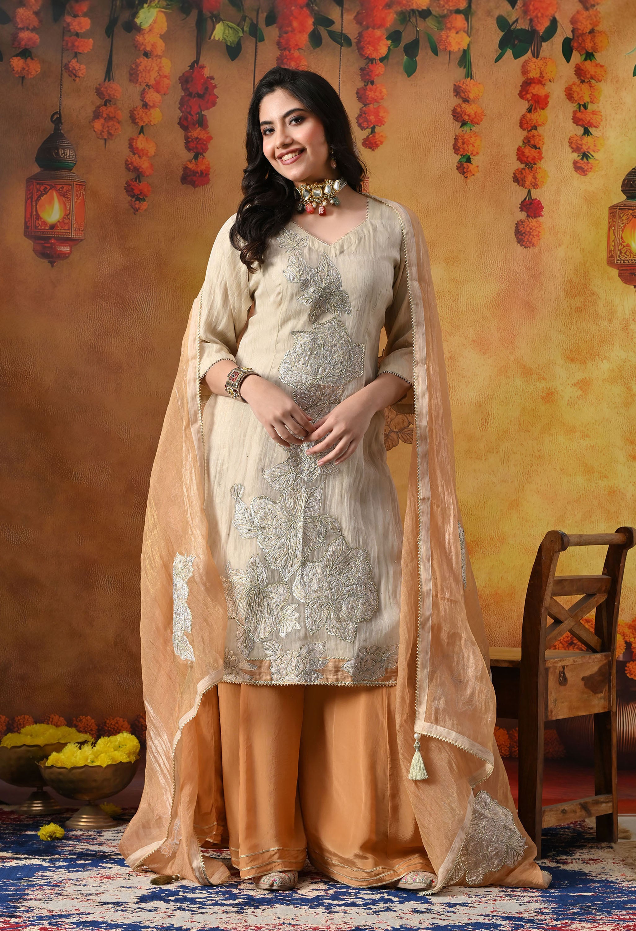 Golden Sharara Set In Crust Tissue Organza