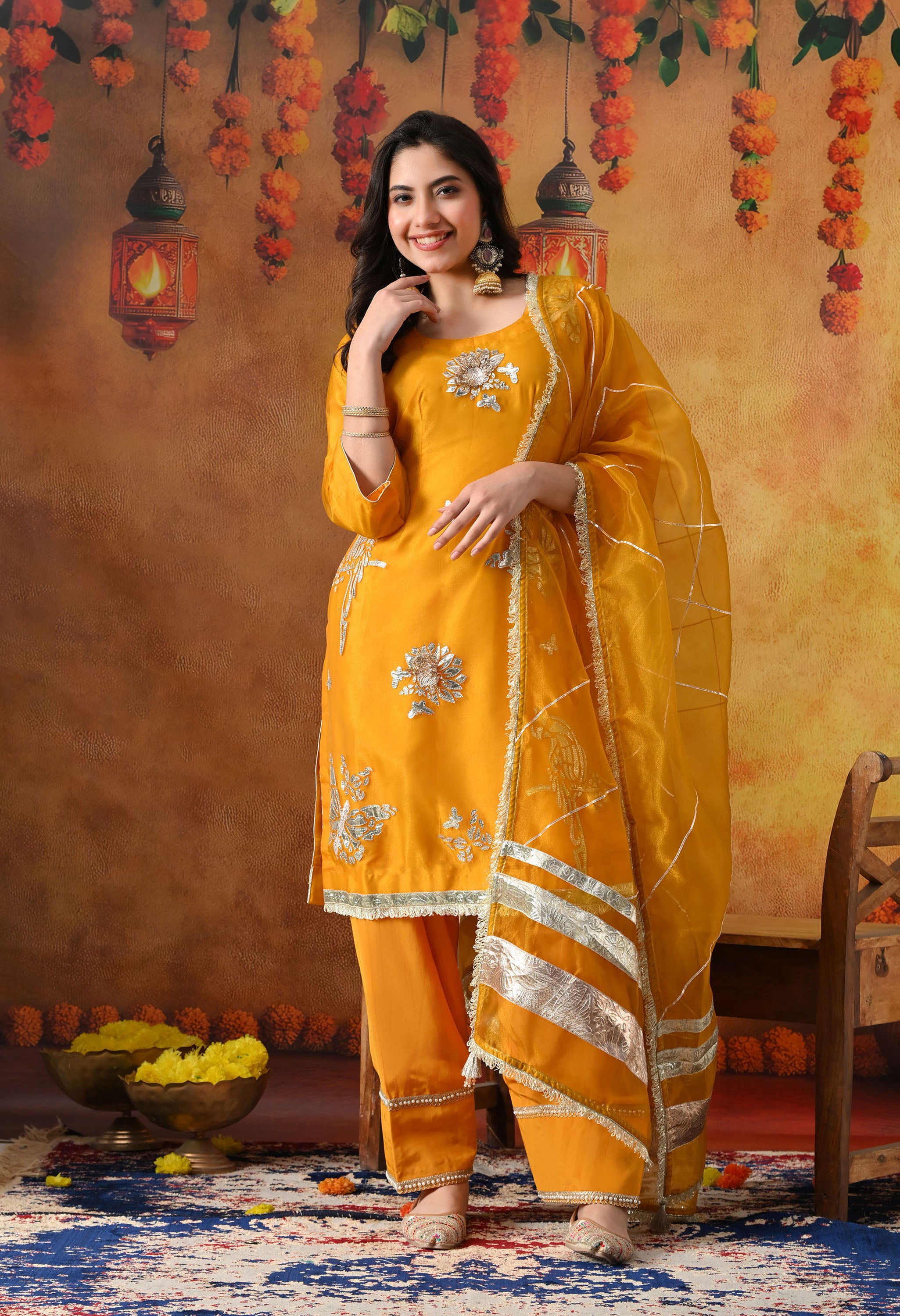Orangeish Yellow Tissue Organza Kurta Set