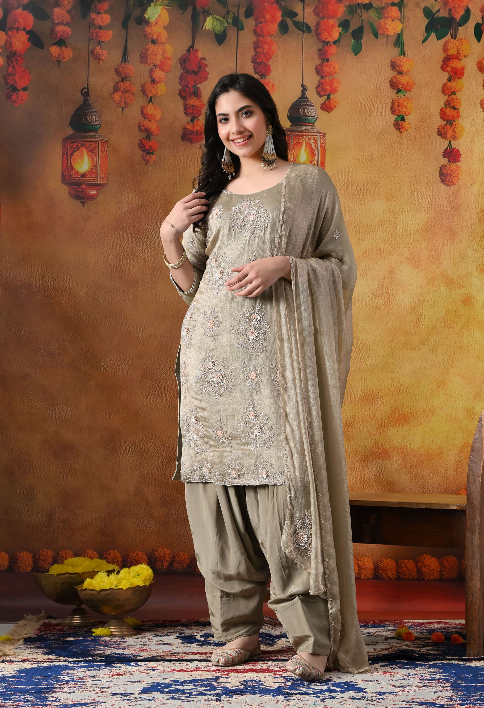 Grey Crust Tissue Kurta Set