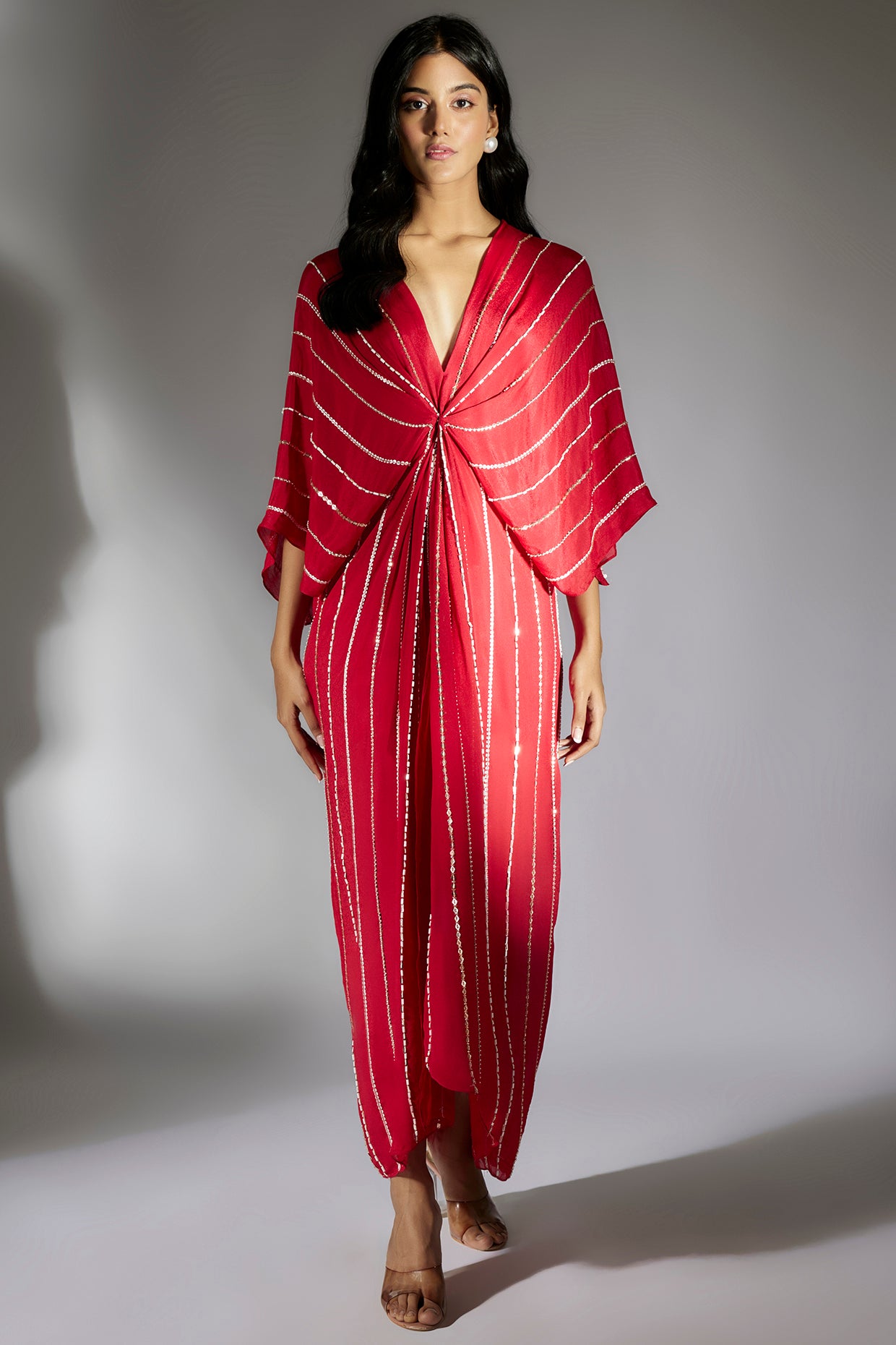 Red Embroidered Drape Dress
