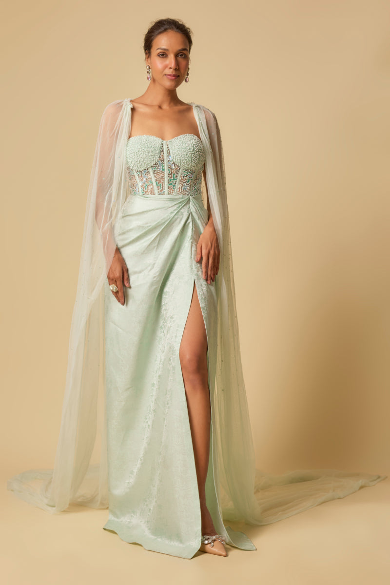 Mint Brocade Embroidered Corset Drape Gown with Cape