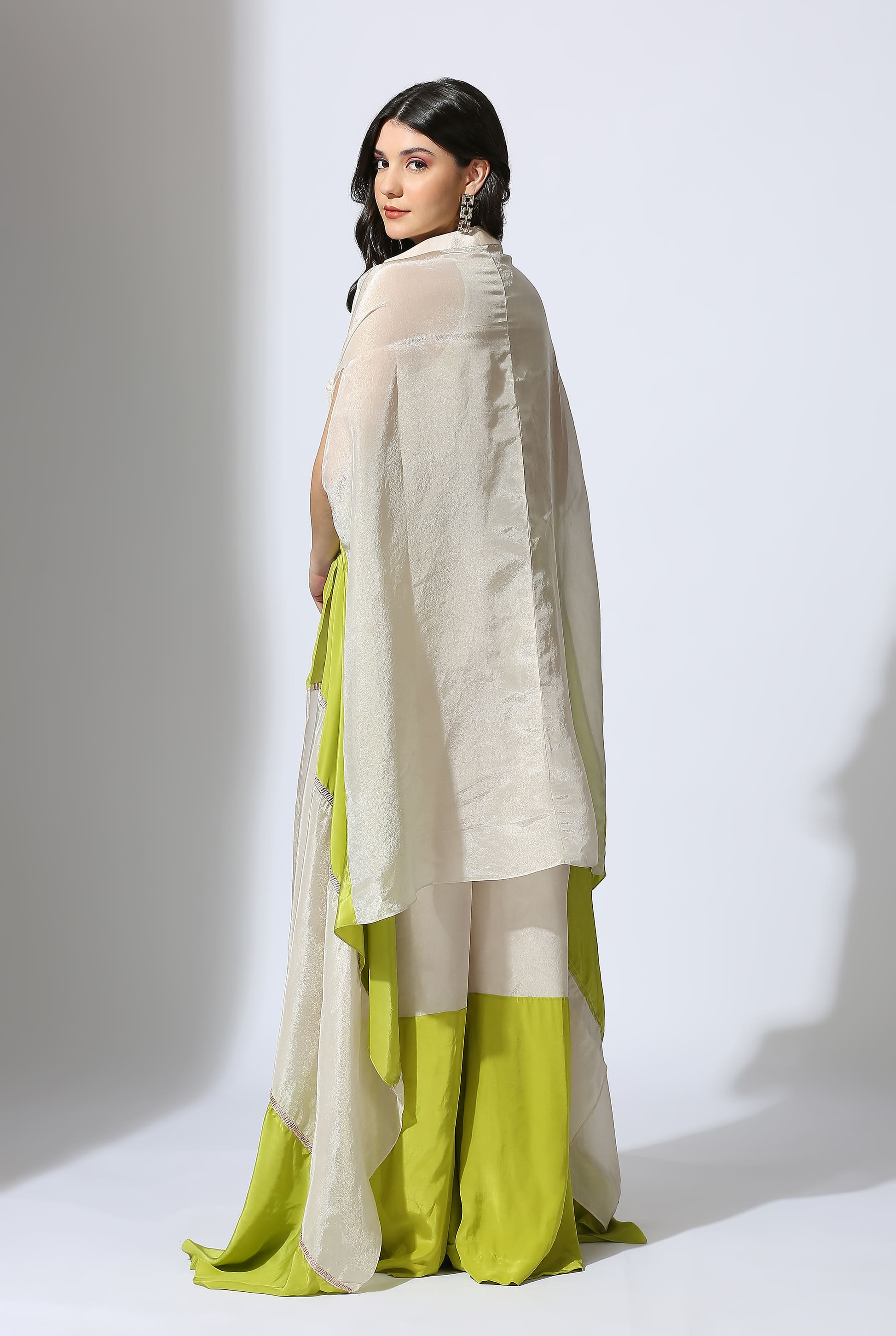 Lime Green And Tissue Color Block Jumpsuit With Color Block Jacket