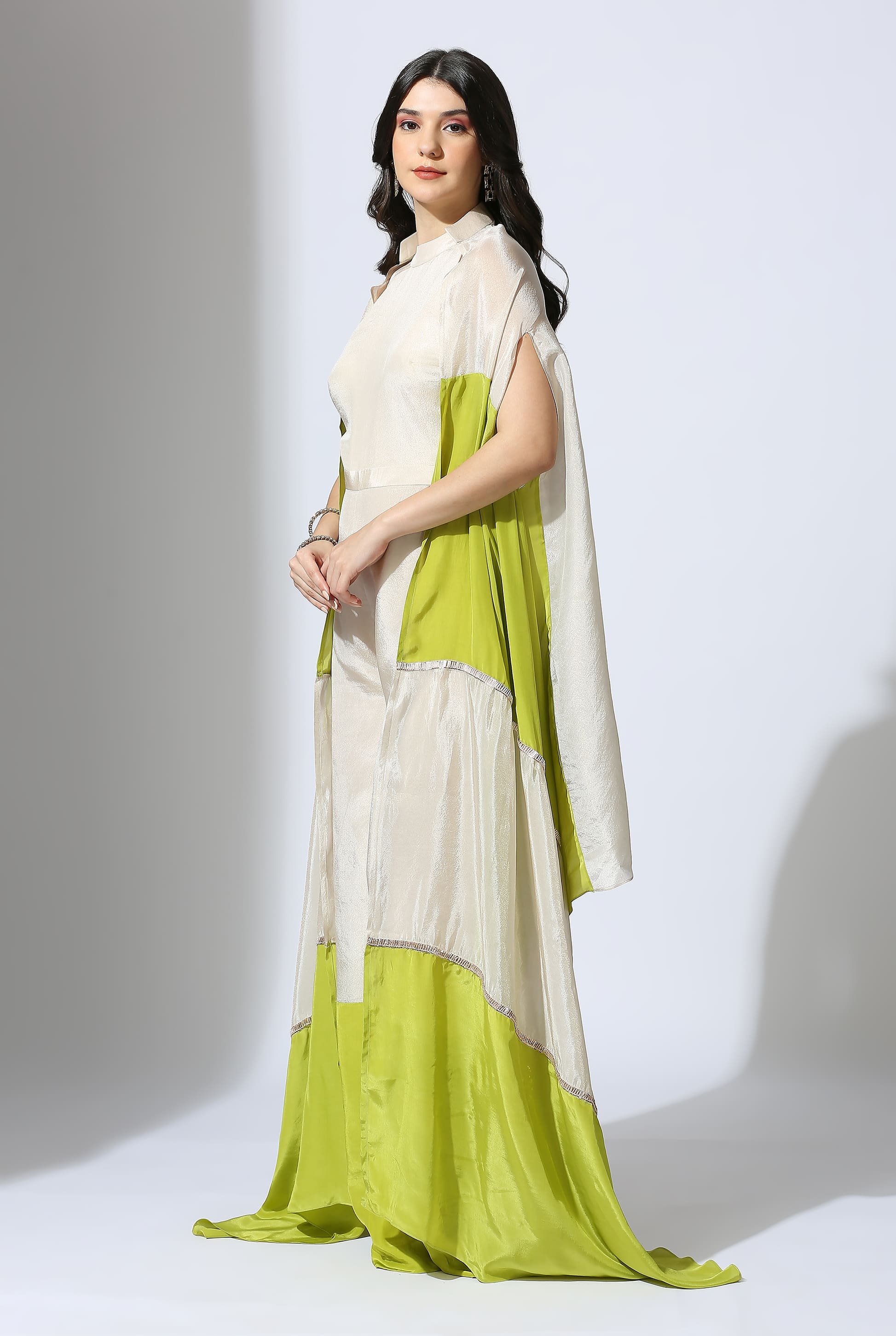 Lime Green And Tissue Color Block Jumpsuit With Color Block Jacket