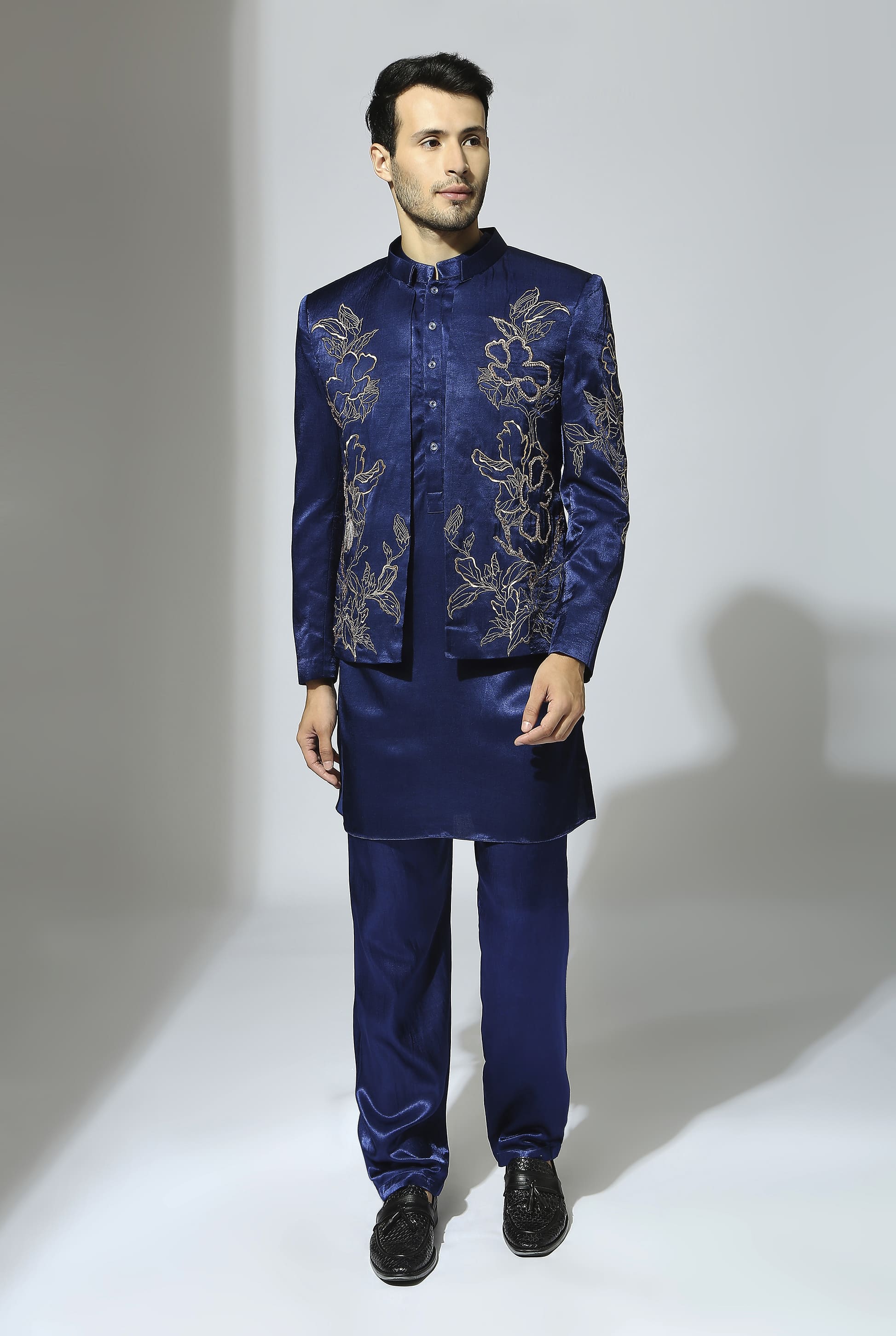 Navy Blue Embroidered Bandhgala Set