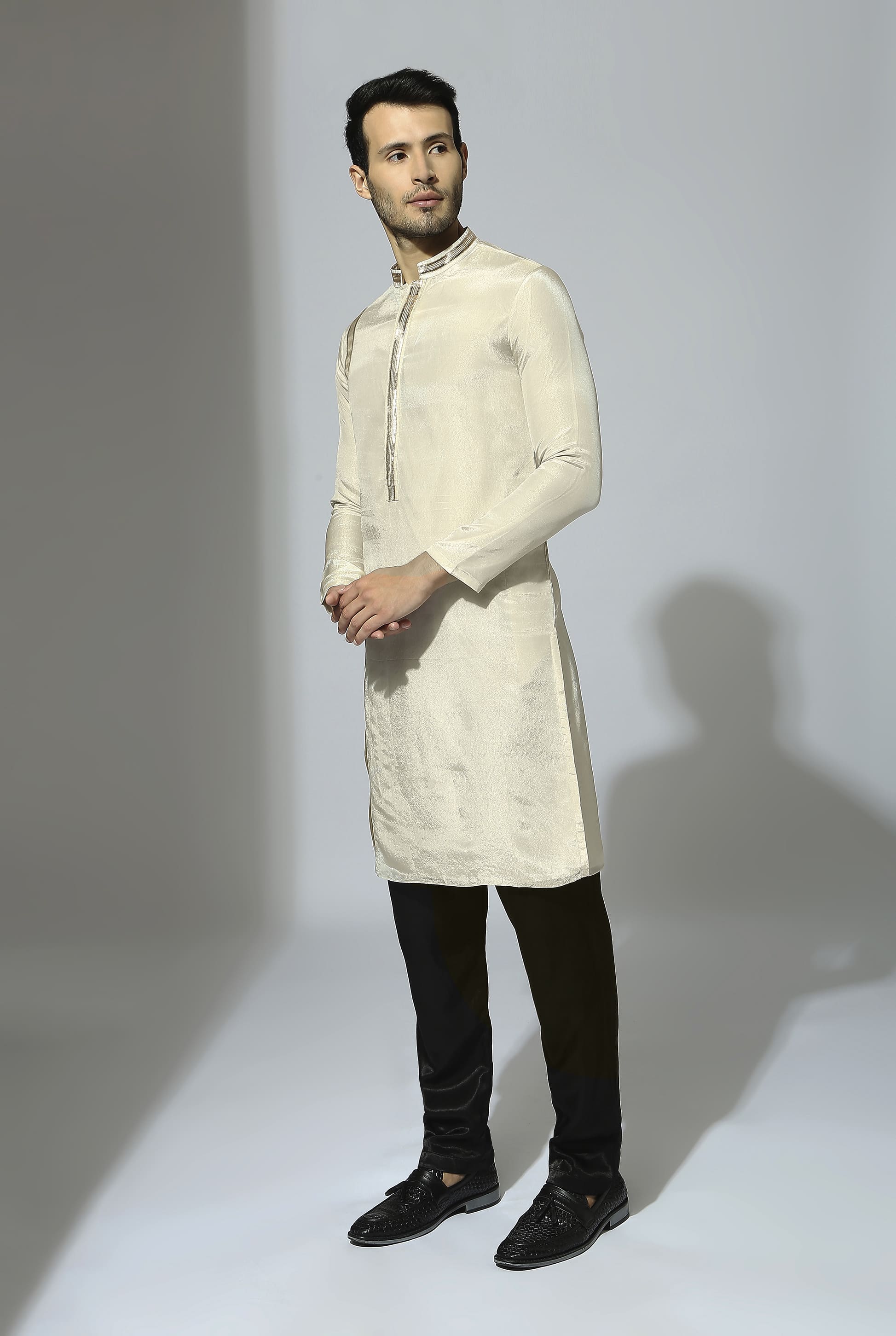 Beige And Black Embroidered Kurta Set