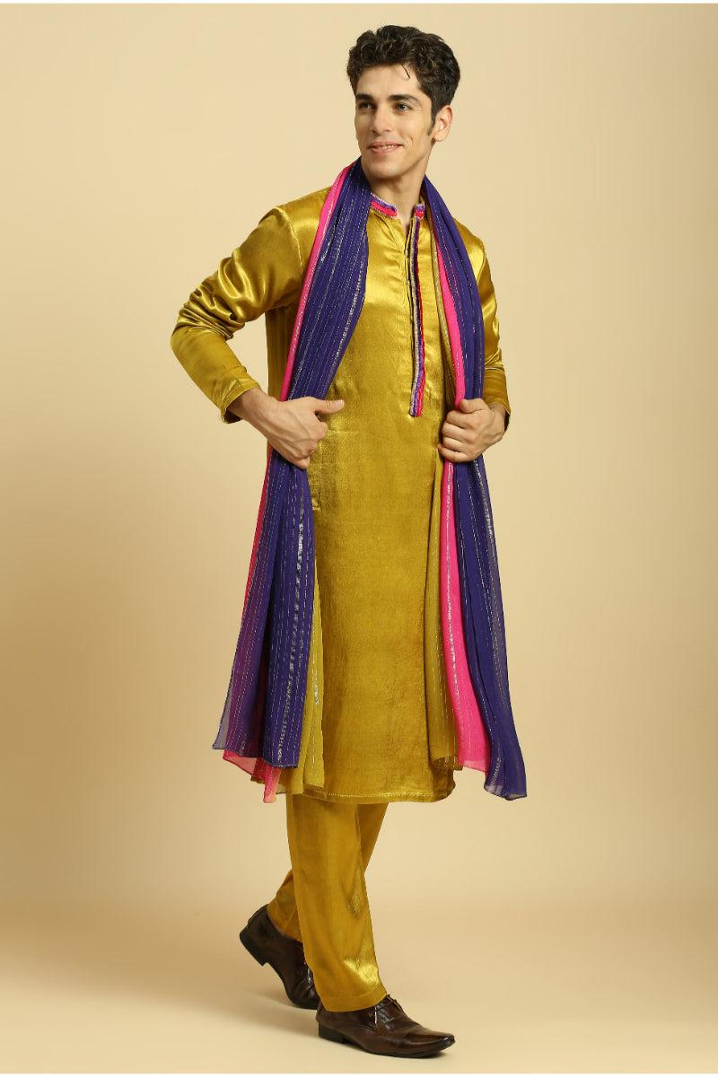 Mustard Kurta With Pant With Ombre Dupatta