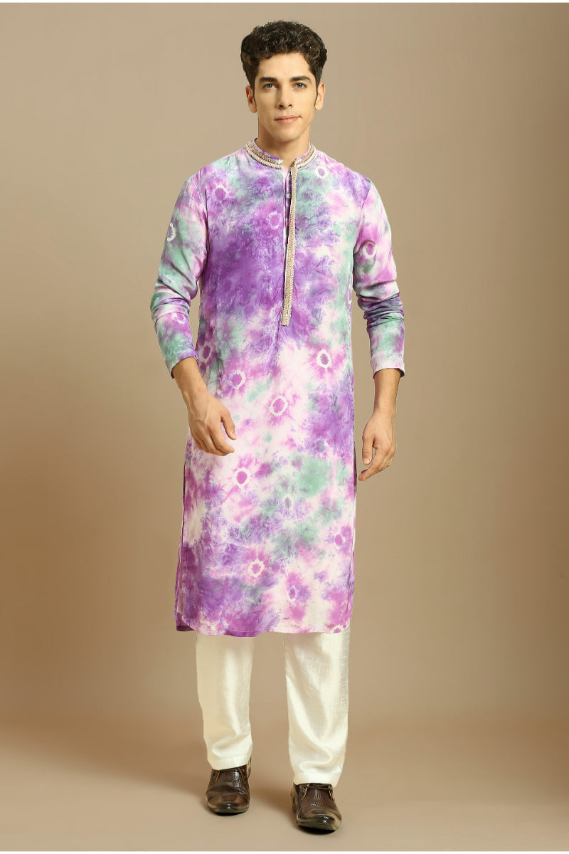 Purple Embroidered Tie-Dye Kurta With White Silk Pant