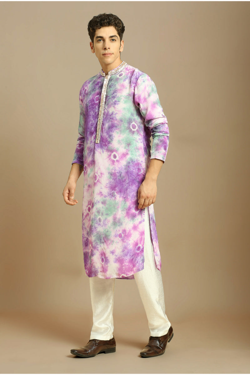 Purple Embroidered Tie-Dye Kurta With White Silk Pant