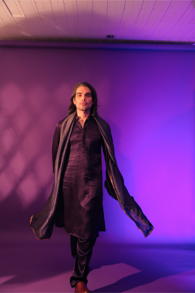 Deep Purple Kurta with Pant with Tissue Embroidered Dupatta