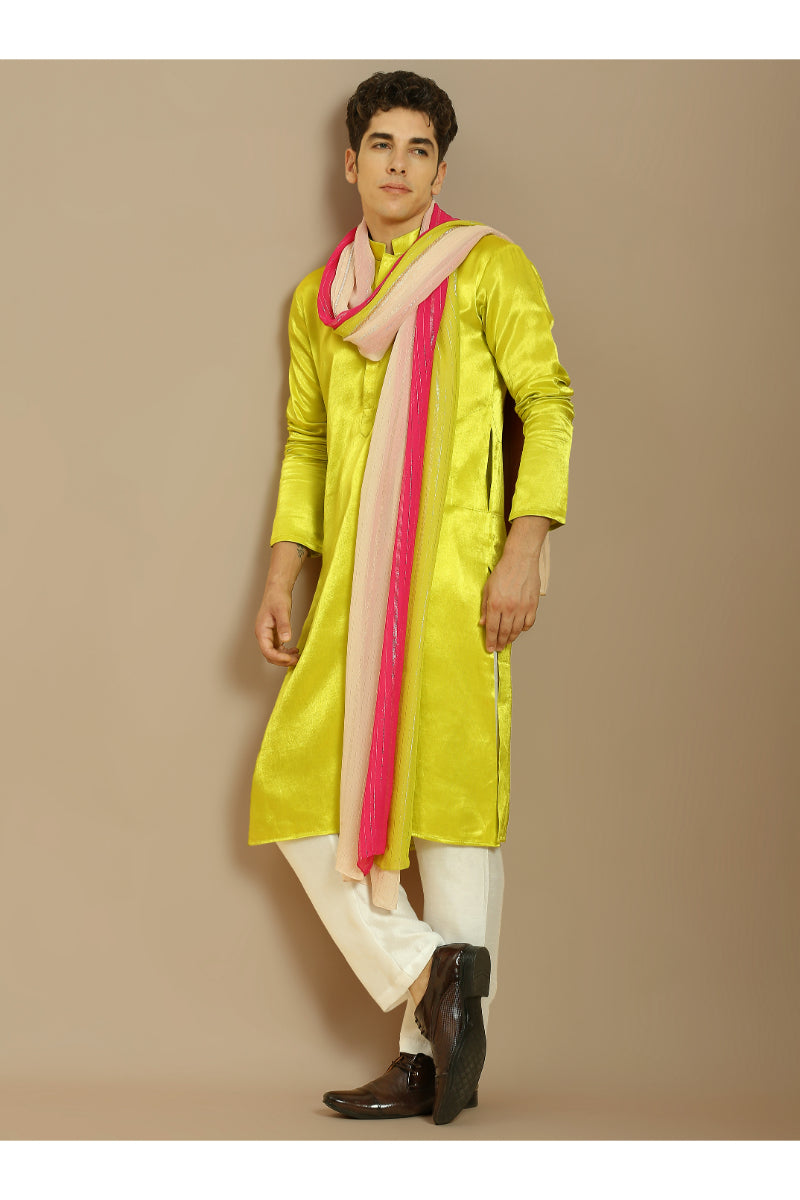 Neon Green Kurta With White Pant With Multi Colour Dupatta
