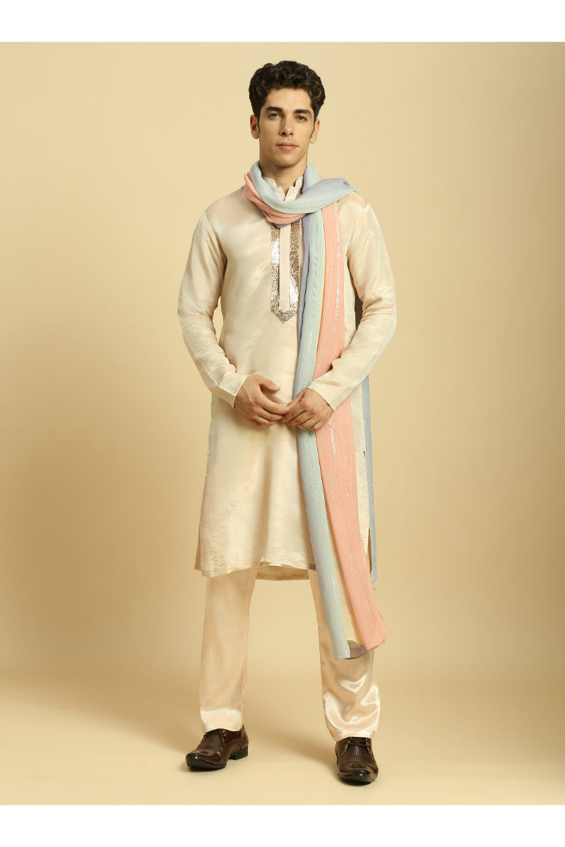 Peach Tissue Kurta With Pant With Ombrey Dupatta