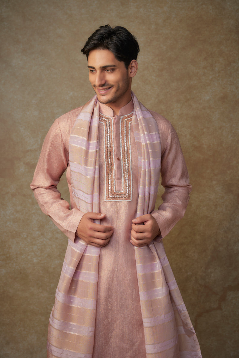 Peach Embroiderd Kurta With Dupatta And Dhoti