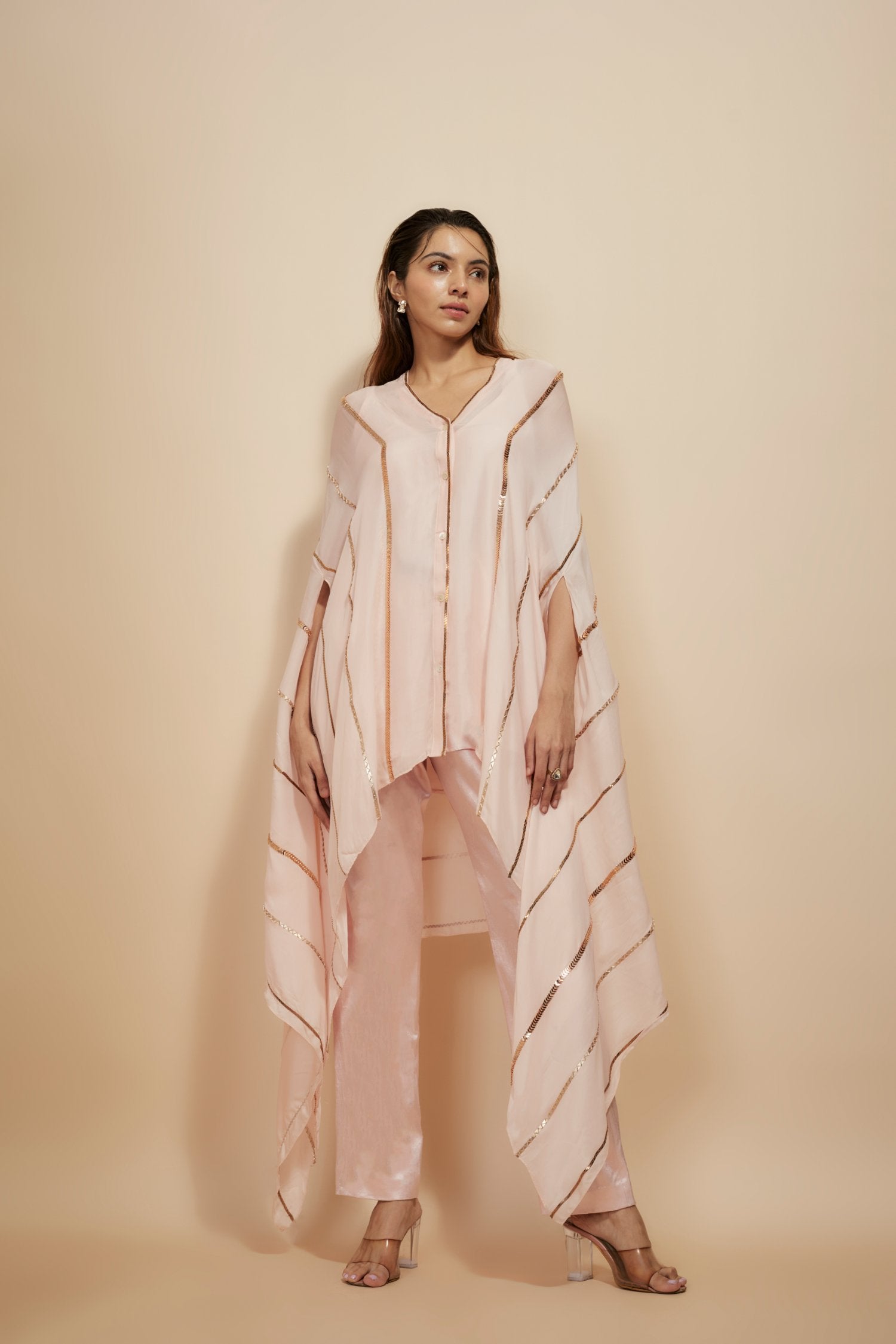 Light Pink Embroidered Kaftan With Pant