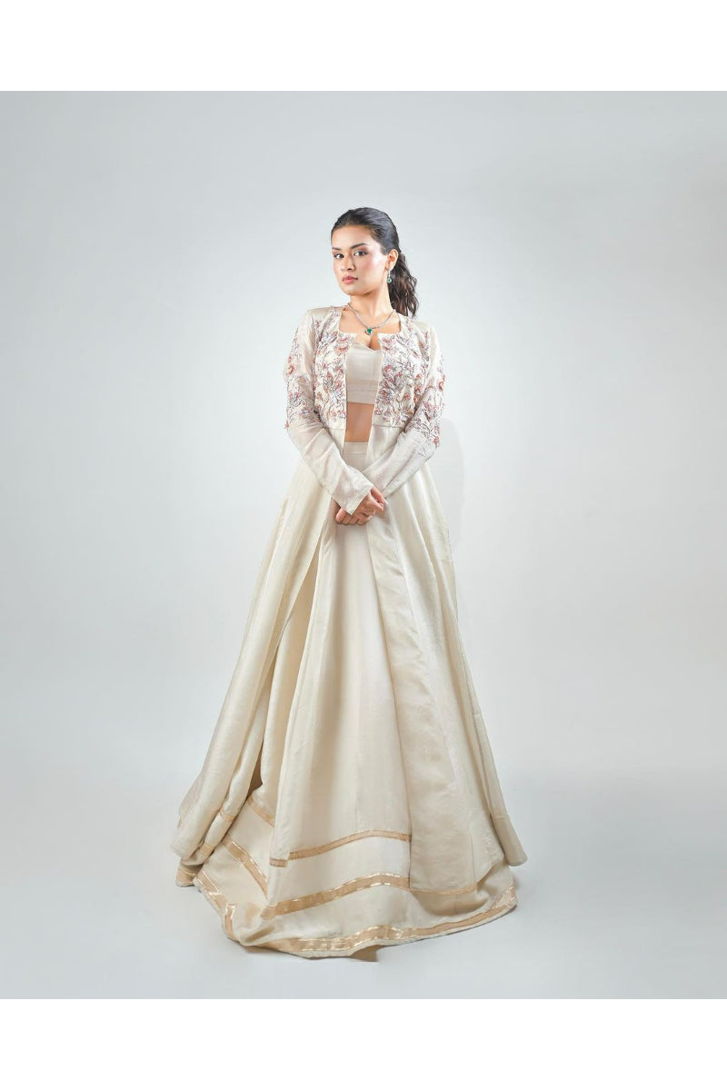 Beige Tissue Embroidered Lehenga With Jacket