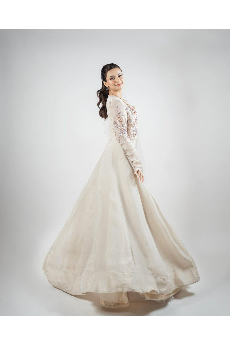 Beige Tissue Embroidered Lehenga With Jacket