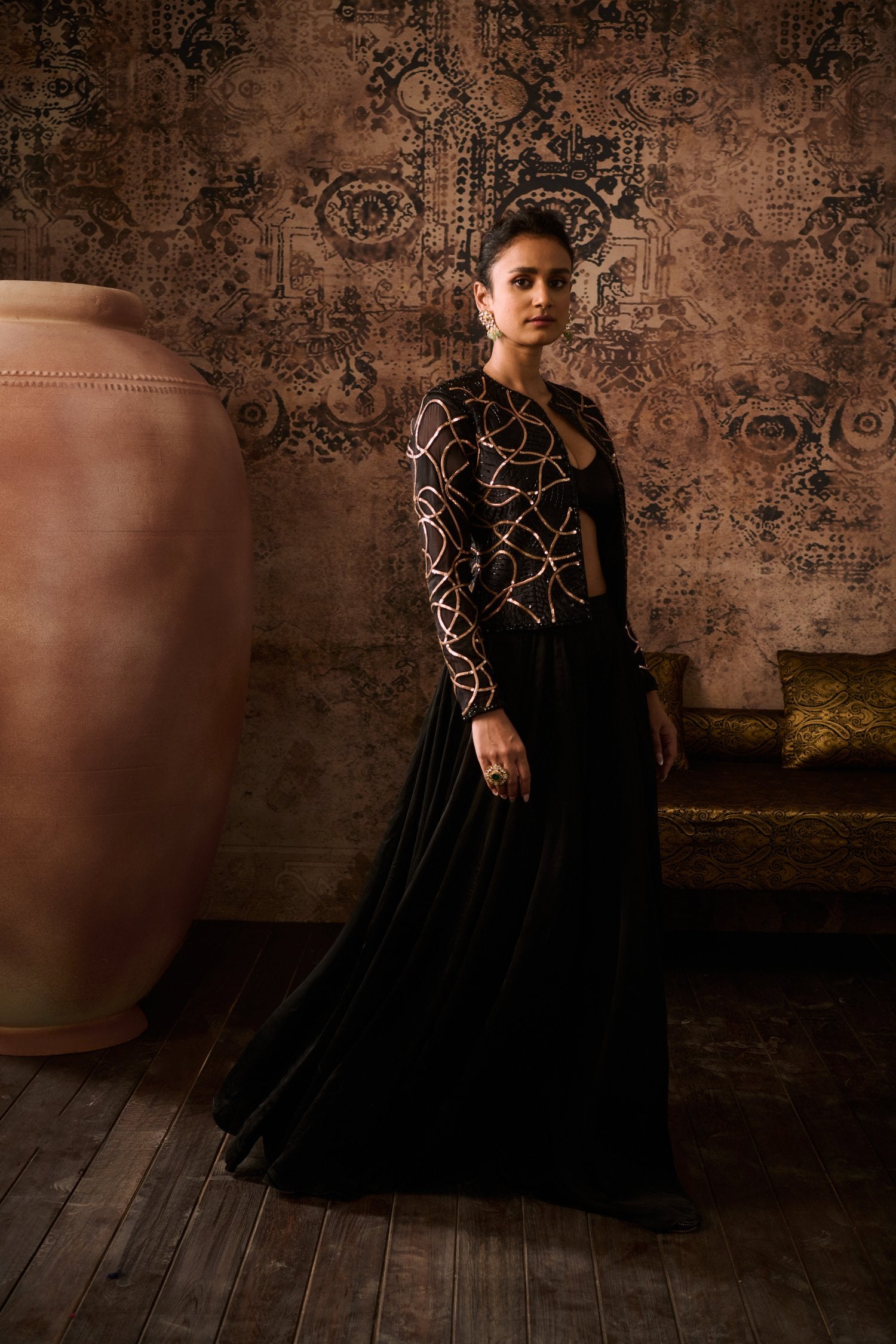 Black Embroidered Jacket With Bustier With Pallazo