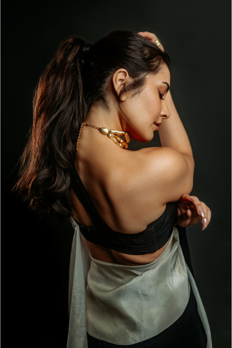 Black and Light Gold Tissue Pre-Draped Emroidered Saree