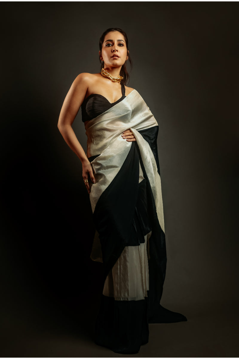 Black and Light Gold Tissue Pre-Draped Emroidered Saree