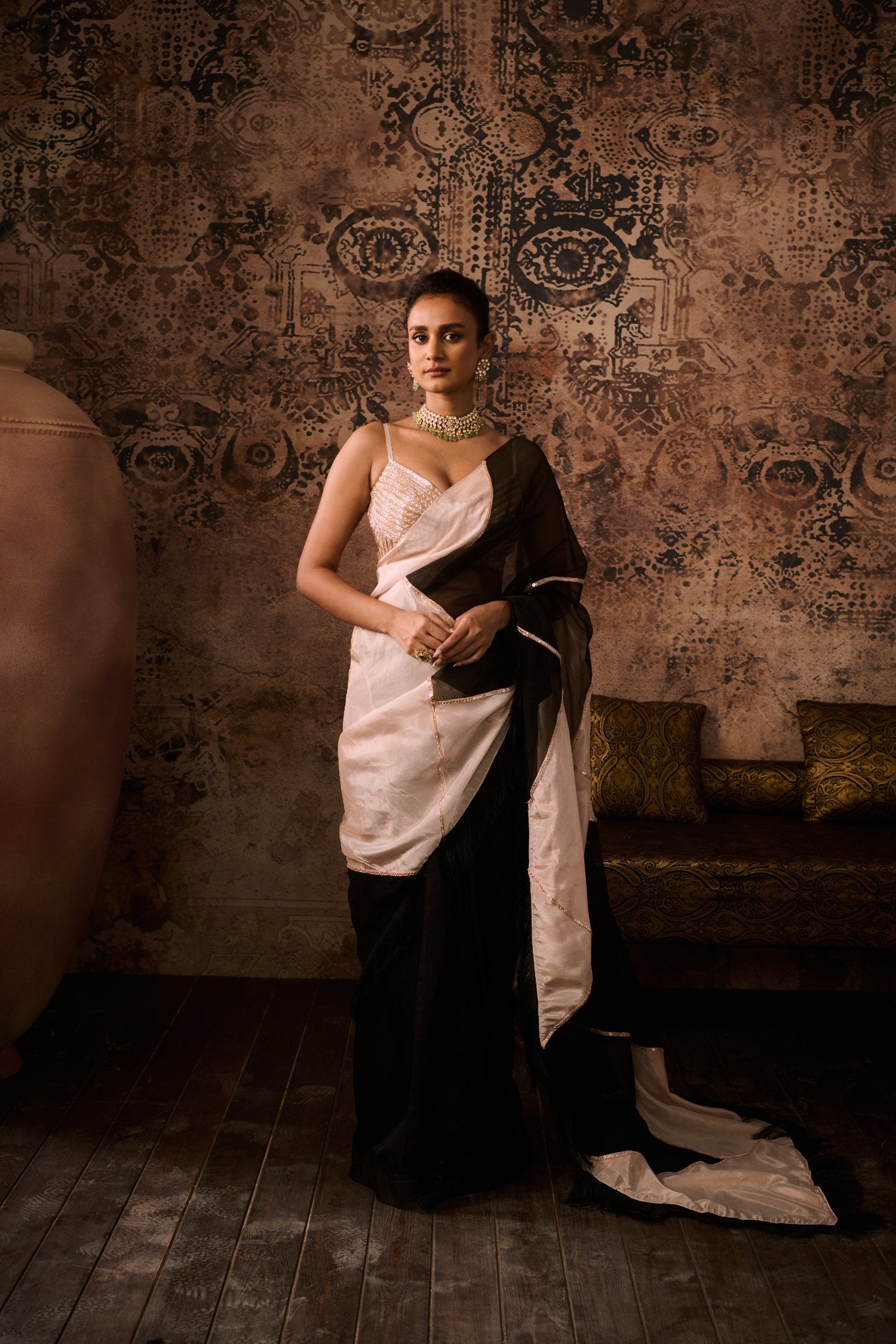 Embroidered Blouse With Colour Block Saree