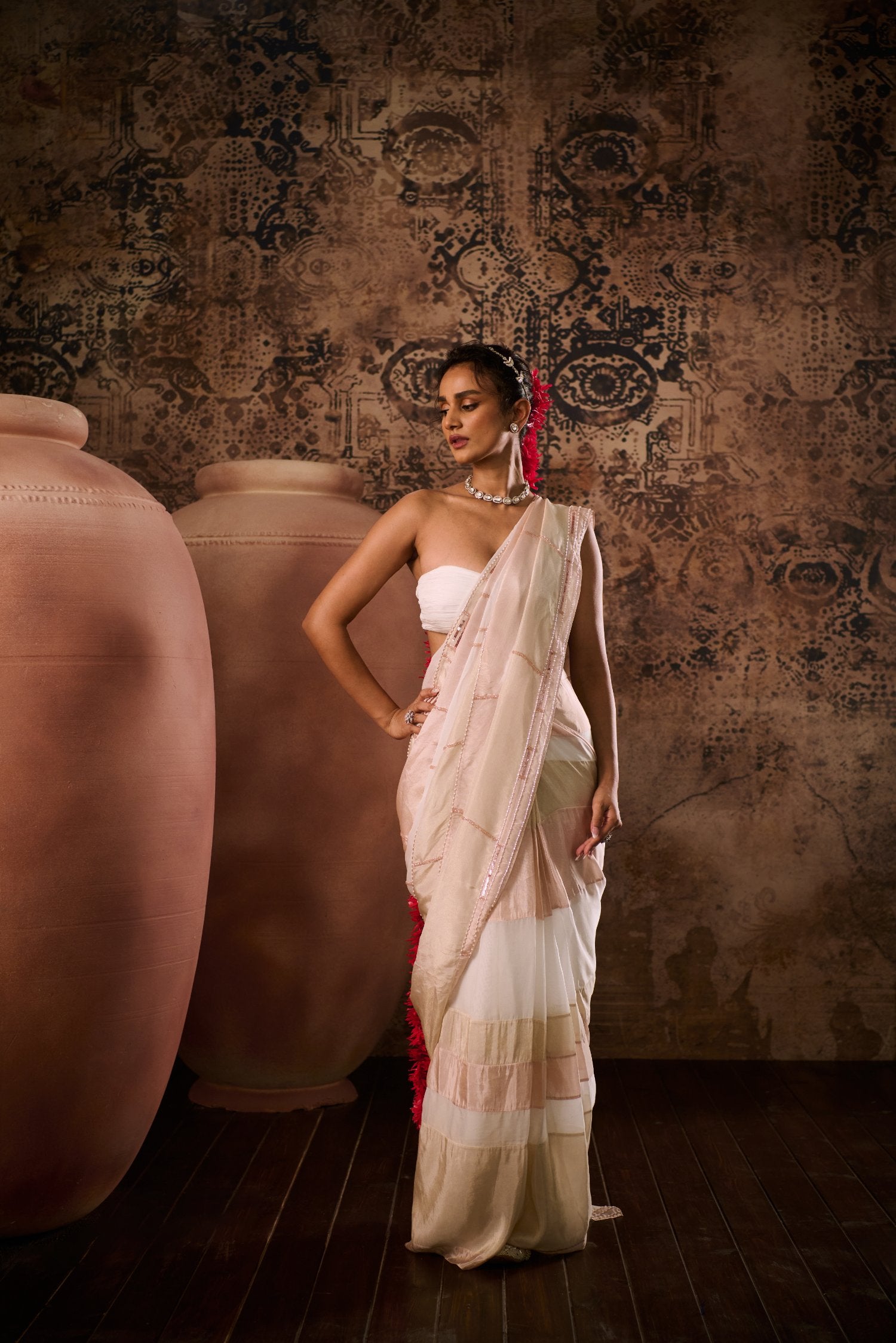 White Blouse With Tissue Embroidered Saree