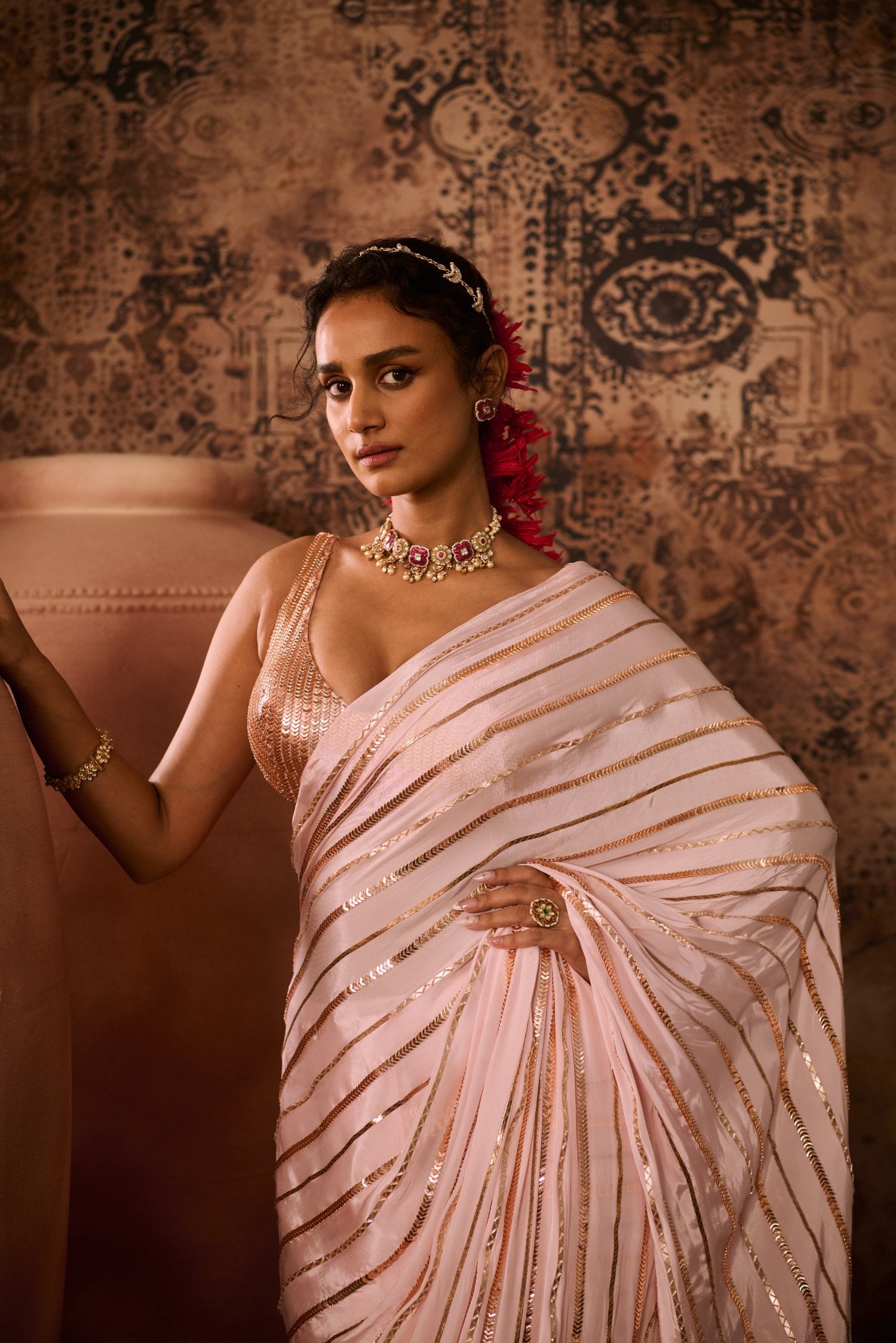 Baby Pink Embroidered Blouse With Embroidered Saree