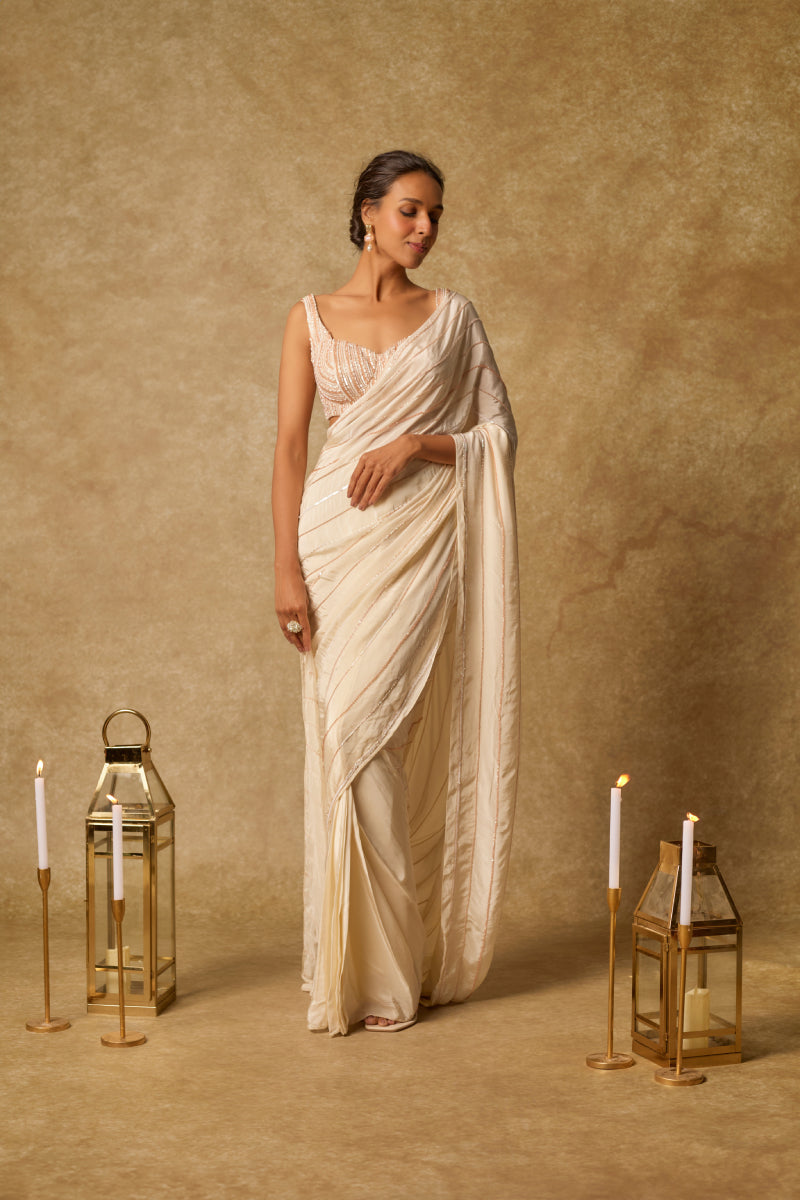 Butter Yellow Heavy Embroidered Pre-stitched Saree with Embroidered Blouse
