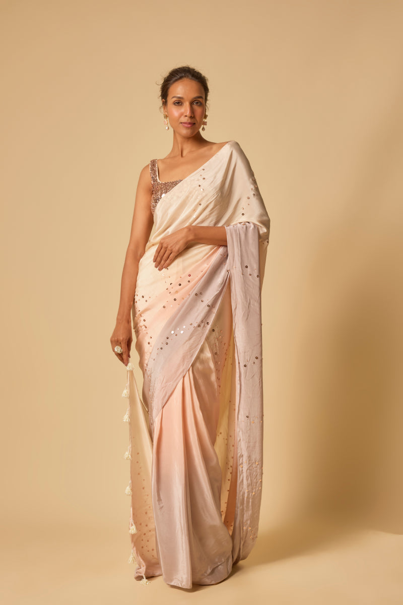 Beige to Lilac Ombre Sequin Embroidered Pre-stitched Saree with Embroidered Blouse