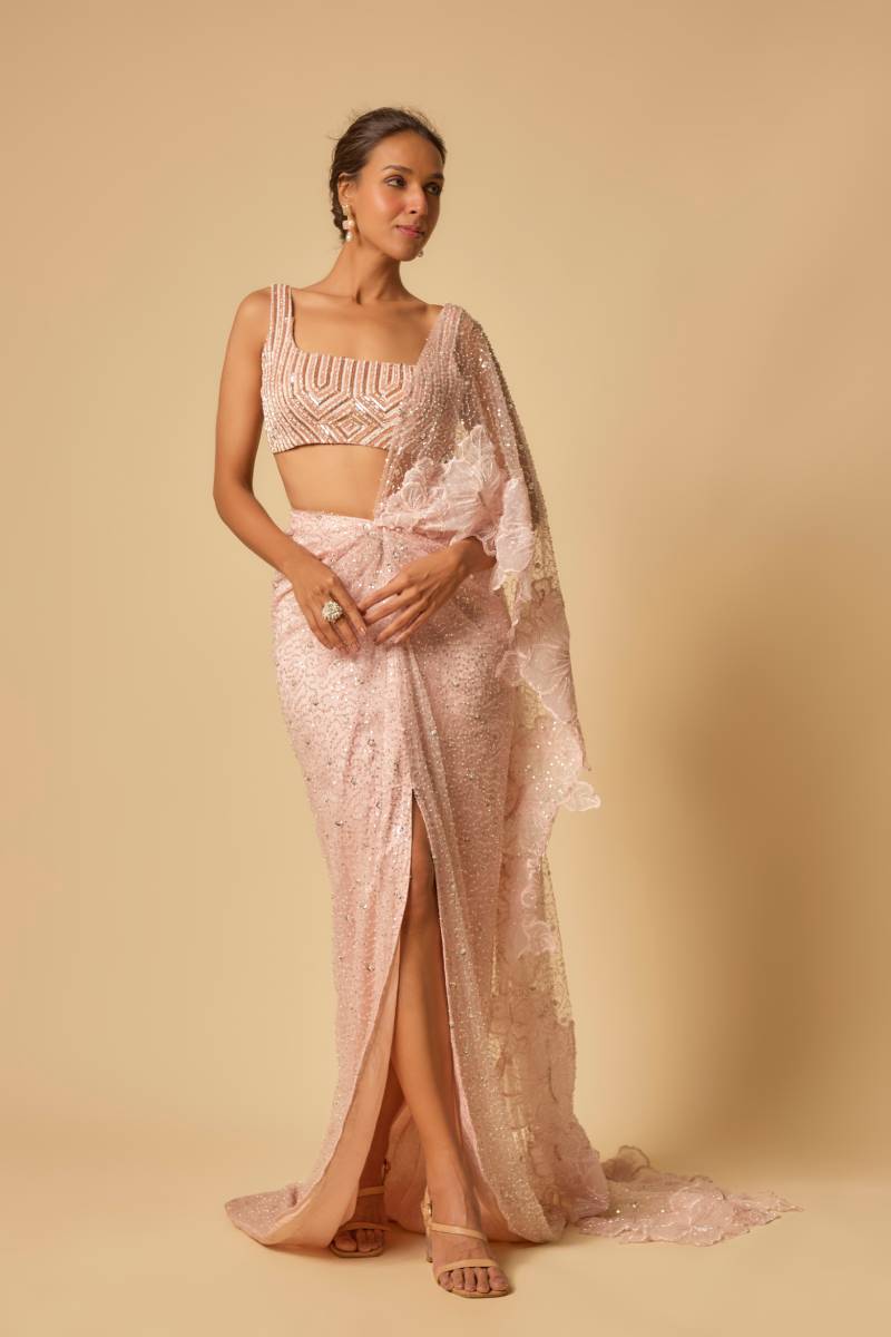 Pink Heavy Embroidered Pre-stitched Drape Saree with Embroidered Blouse