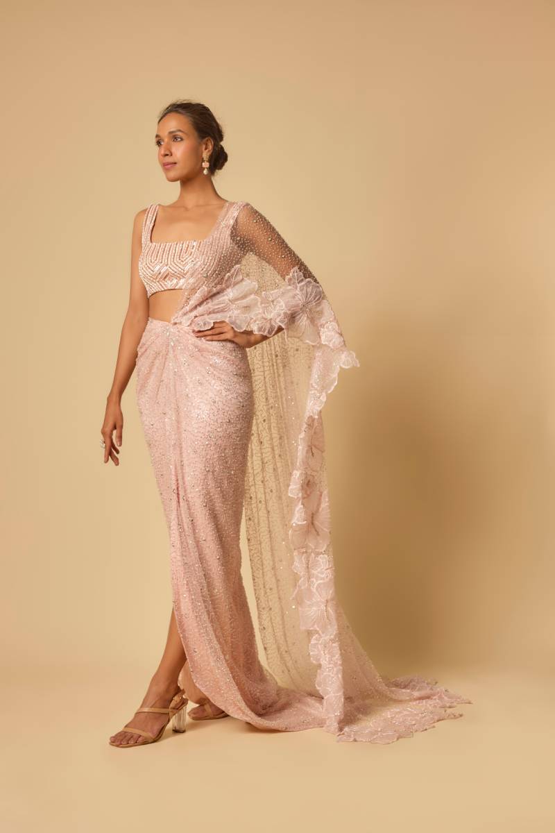 Pink Heavy Embroidered Pre-stitched Drape Saree with Embroidered Blouse