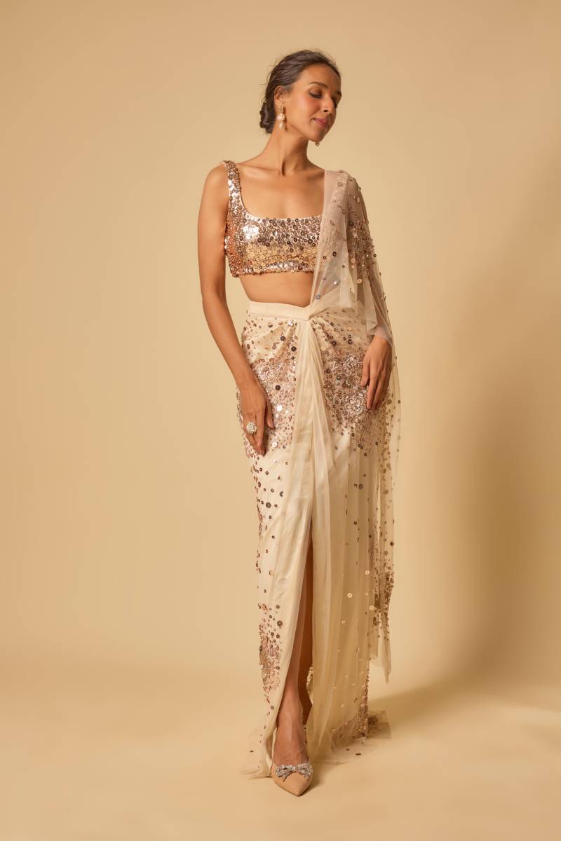Beige Sequin Embroidered Pre-stitched Drape Saree