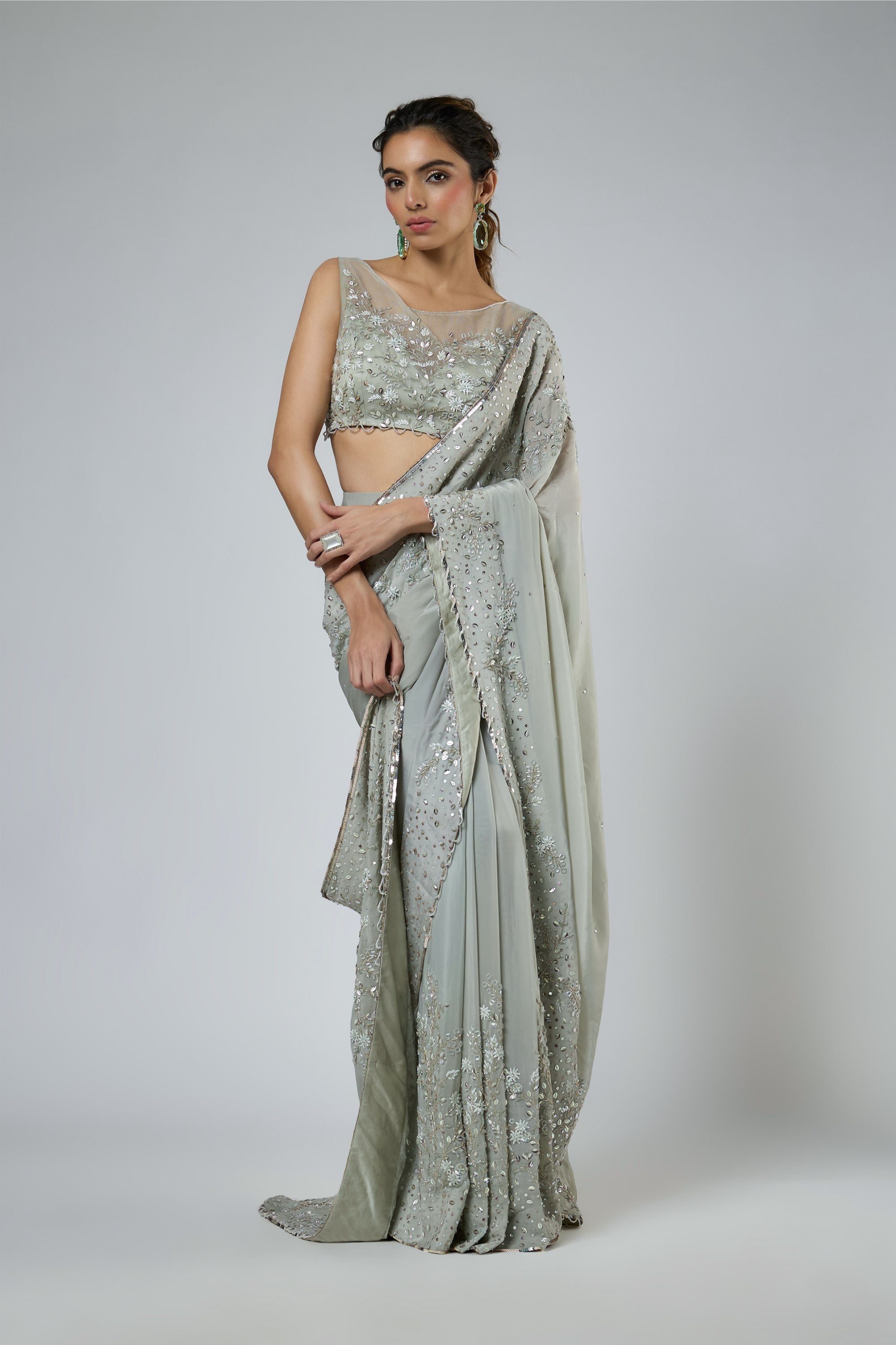 Heavy Intricate Floral Embroidered Saree Set