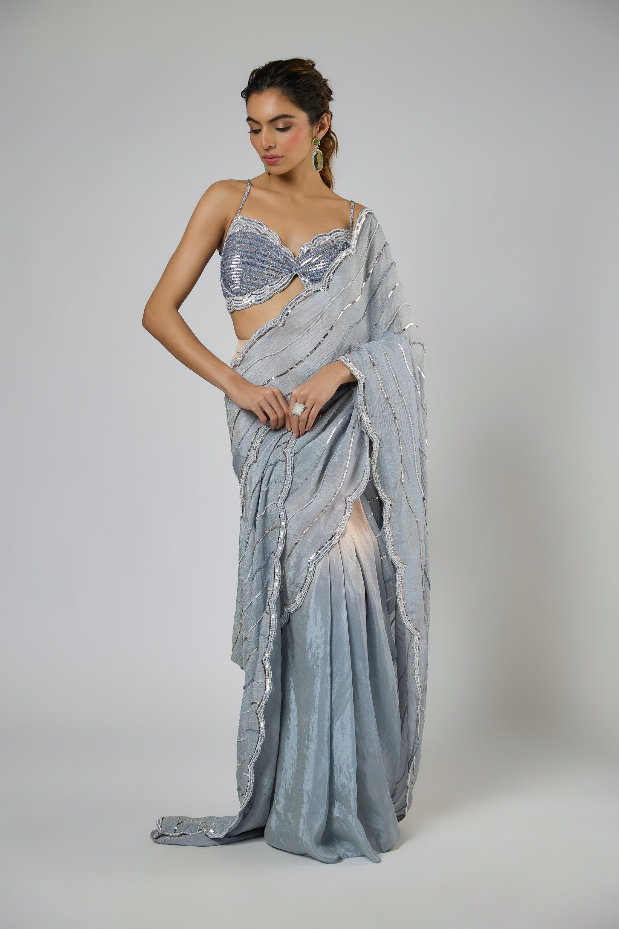 Scalop Cutwork Embroidered Saree Set