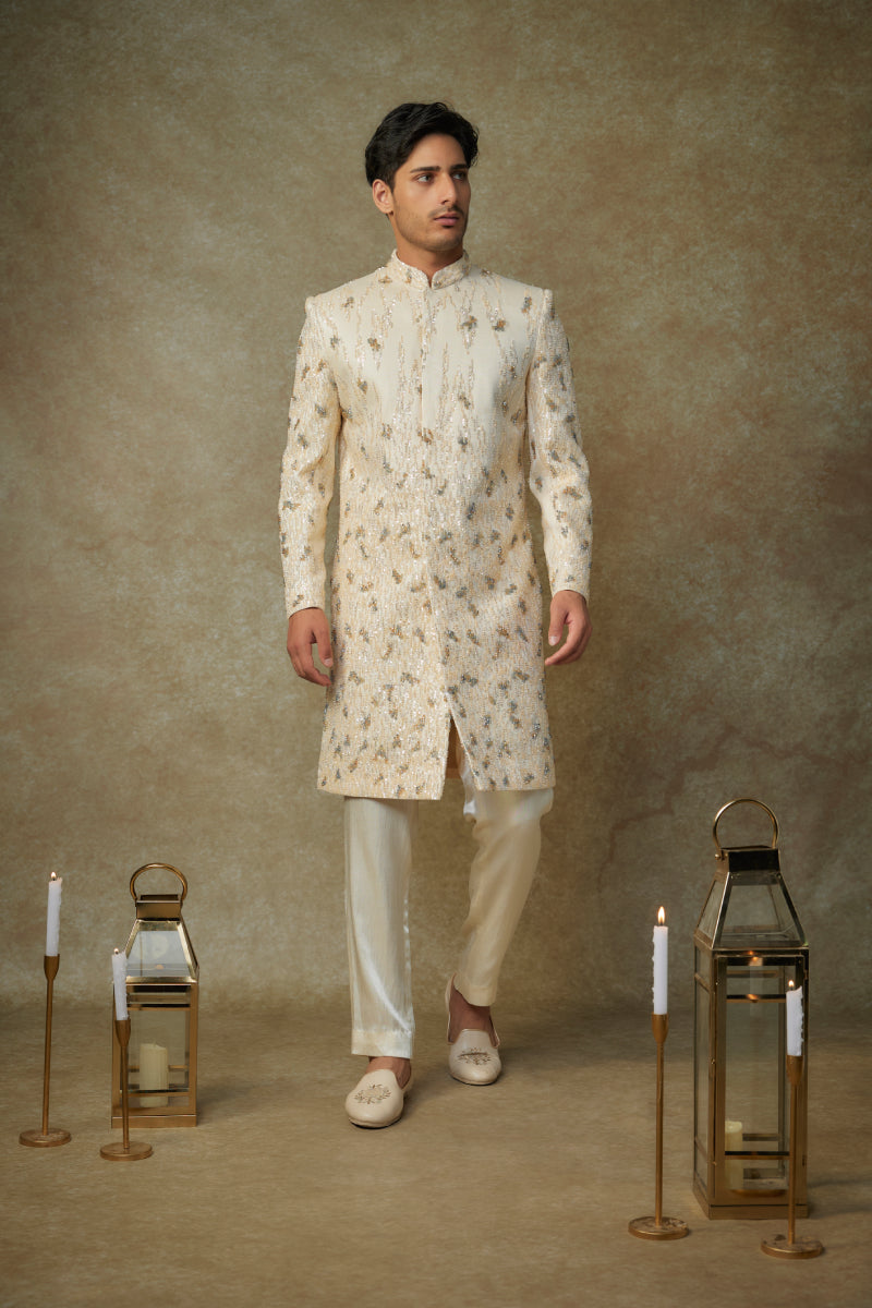 Butter Yellow Embroiderd Sherwani With Pant