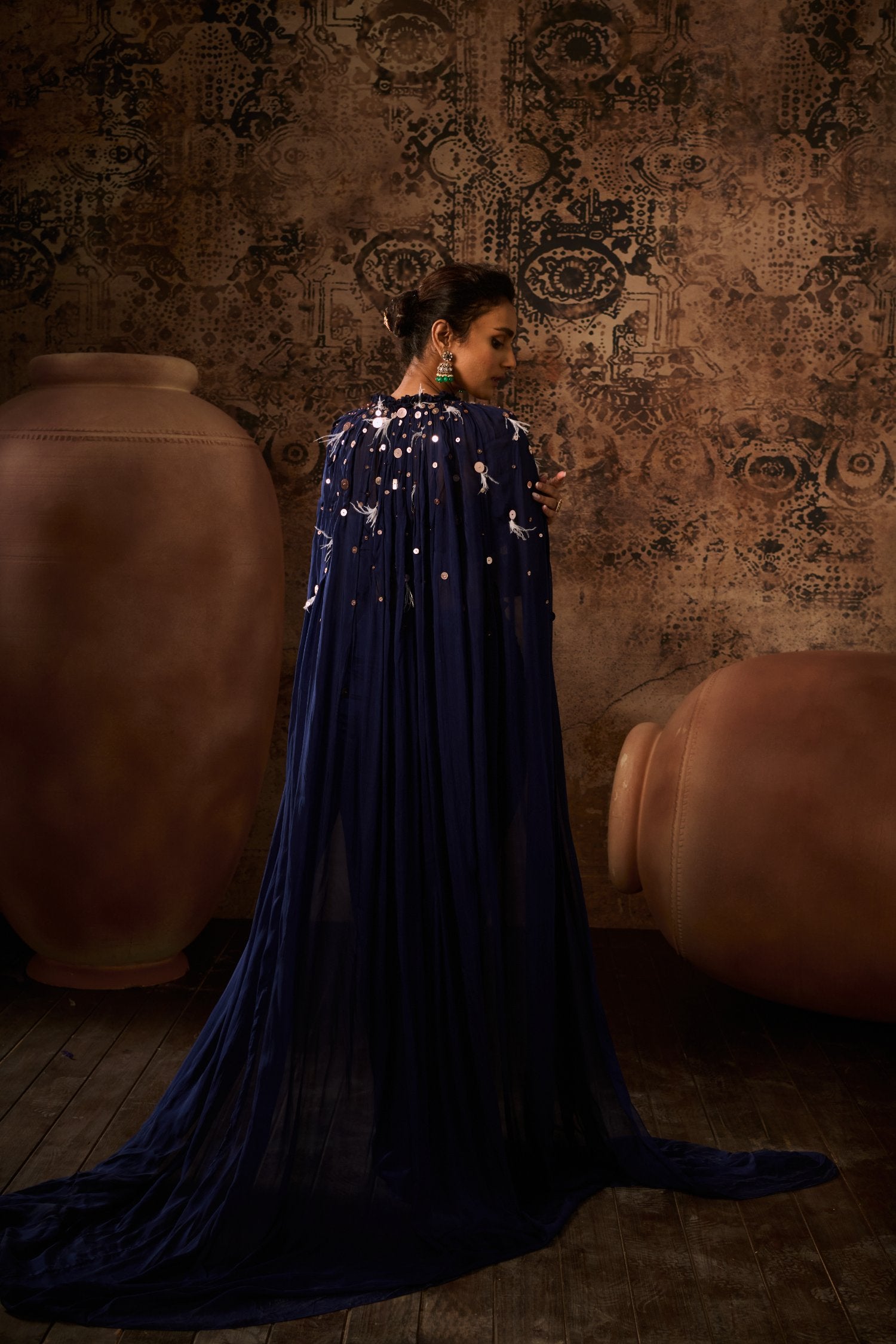 Embroidered Corset With Cape And Drape Skirt