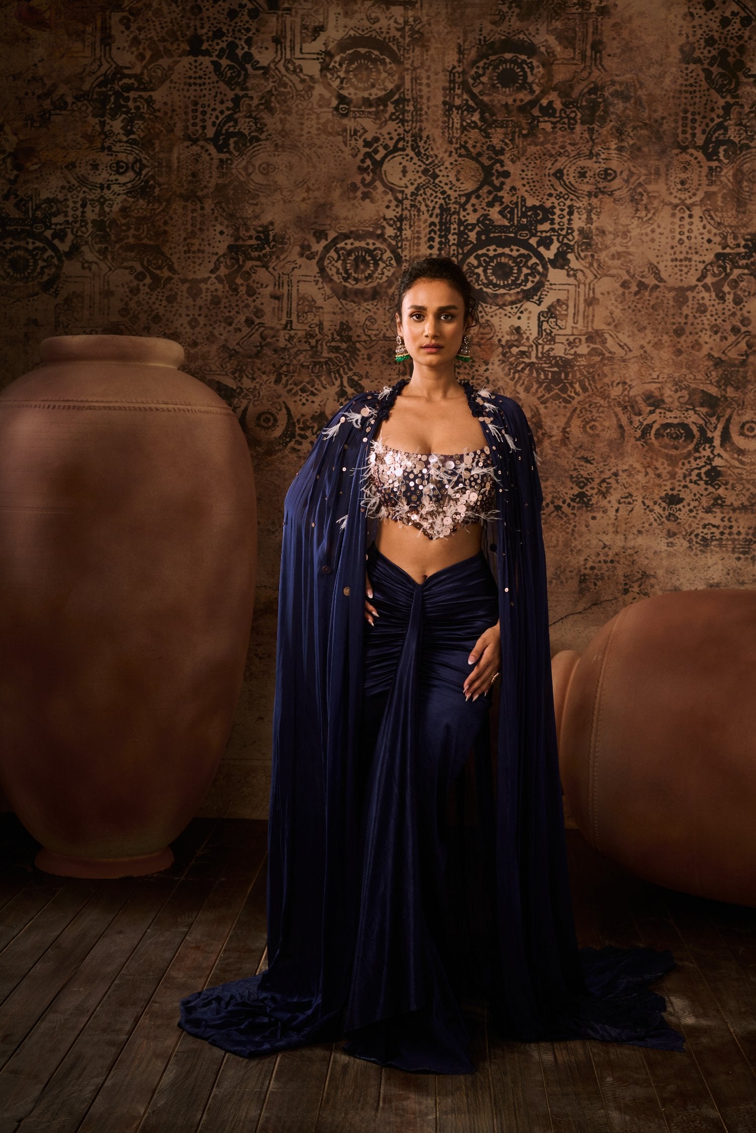 Embroidered Corset With Cape And Drape Skirt