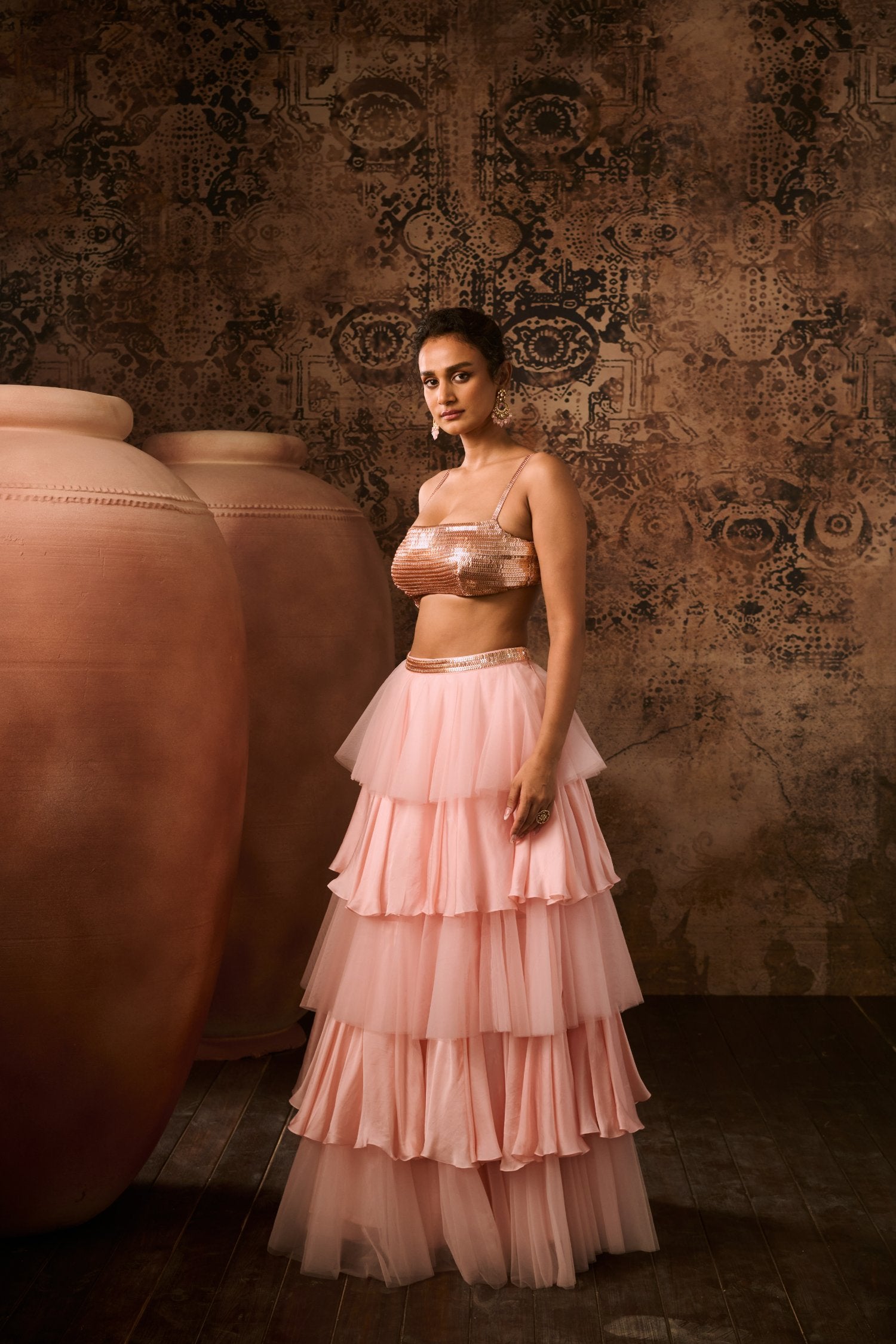 Rose Gold Embroidered Top With Pink Layered Skirt