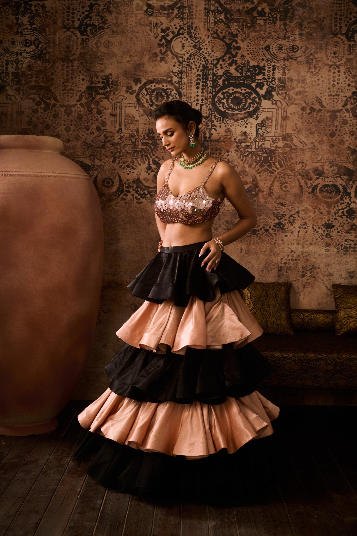 Embroidered Blouse With Black And Rose Gold Layerd Skirt With Dupatta