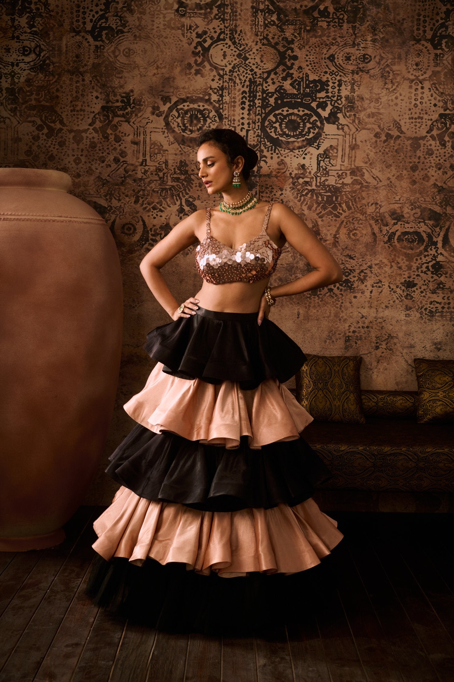 Embroidered Blouse With Black And Rose Gold Layerd Skirt With Dupatta