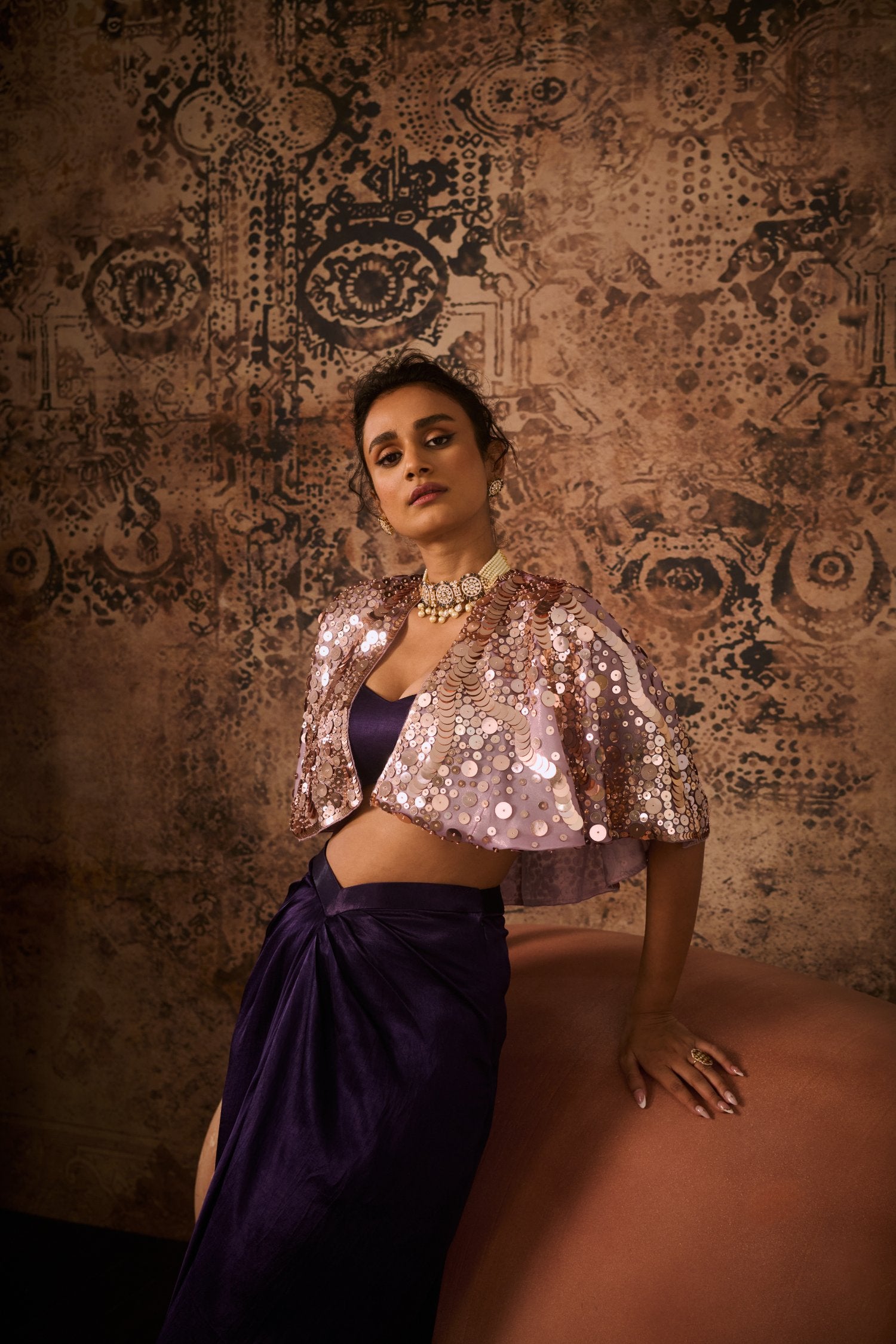 Lilac Embroidered Cape With Purple Skirt And Bustier
