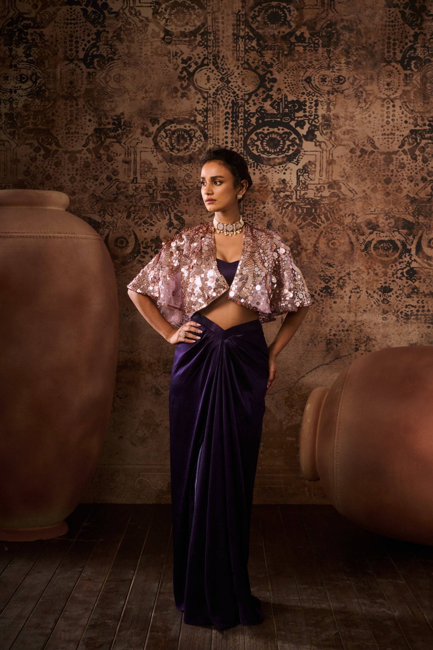 Lilac Embroidered Cape With Purple Skirt And Bustier