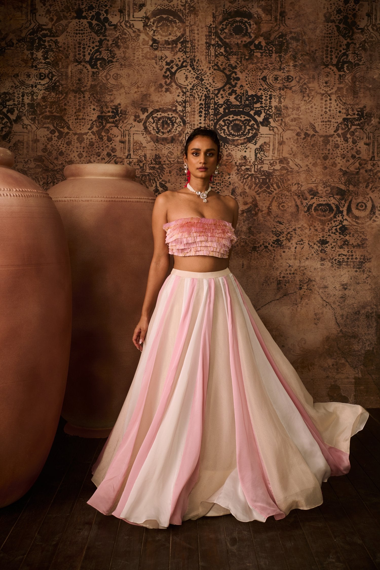 Pink Embroidered Top With Multiple Coloured Skirt