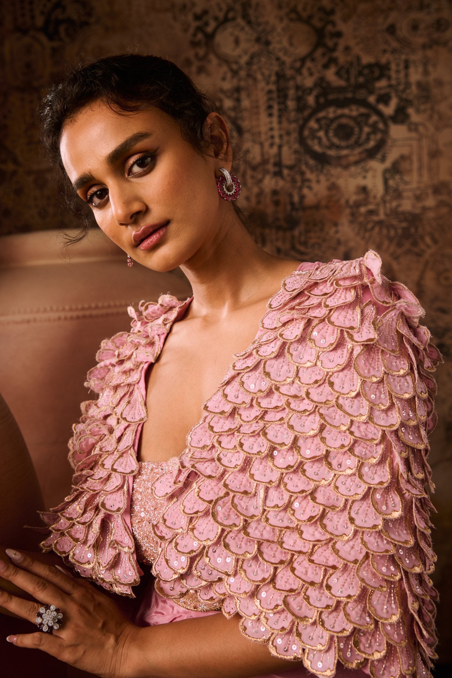 Embroidered Jacket With Bustier And Drape Skirt