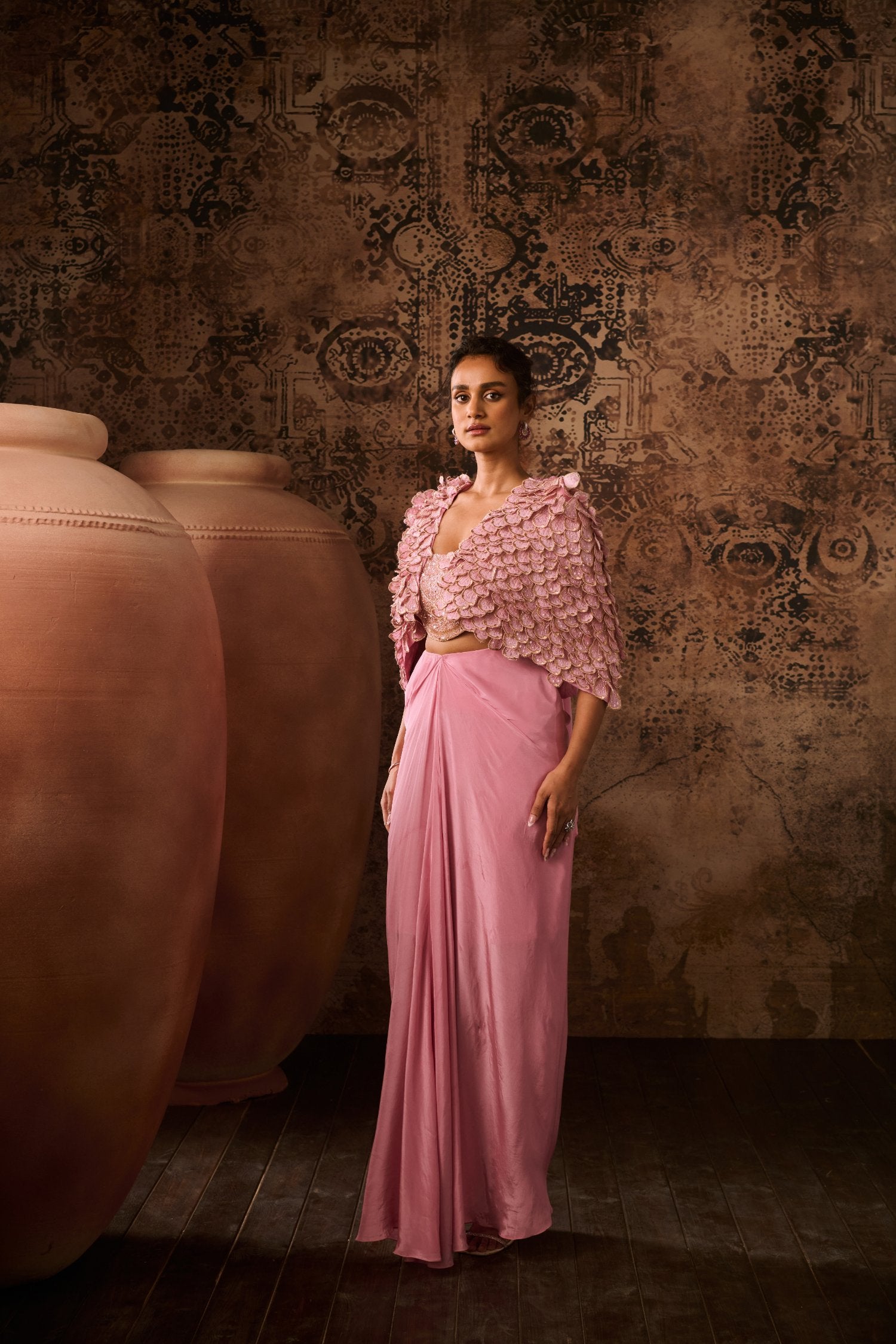Embroidered Jacket With Bustier And Drape Skirt
