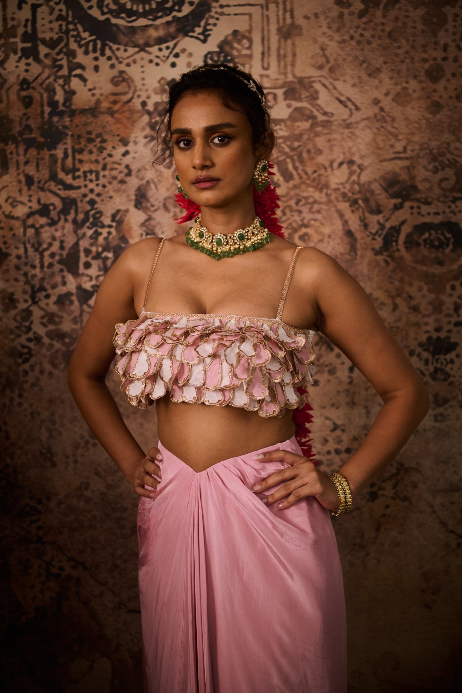 Pink Emb Top With Drape Skirt
