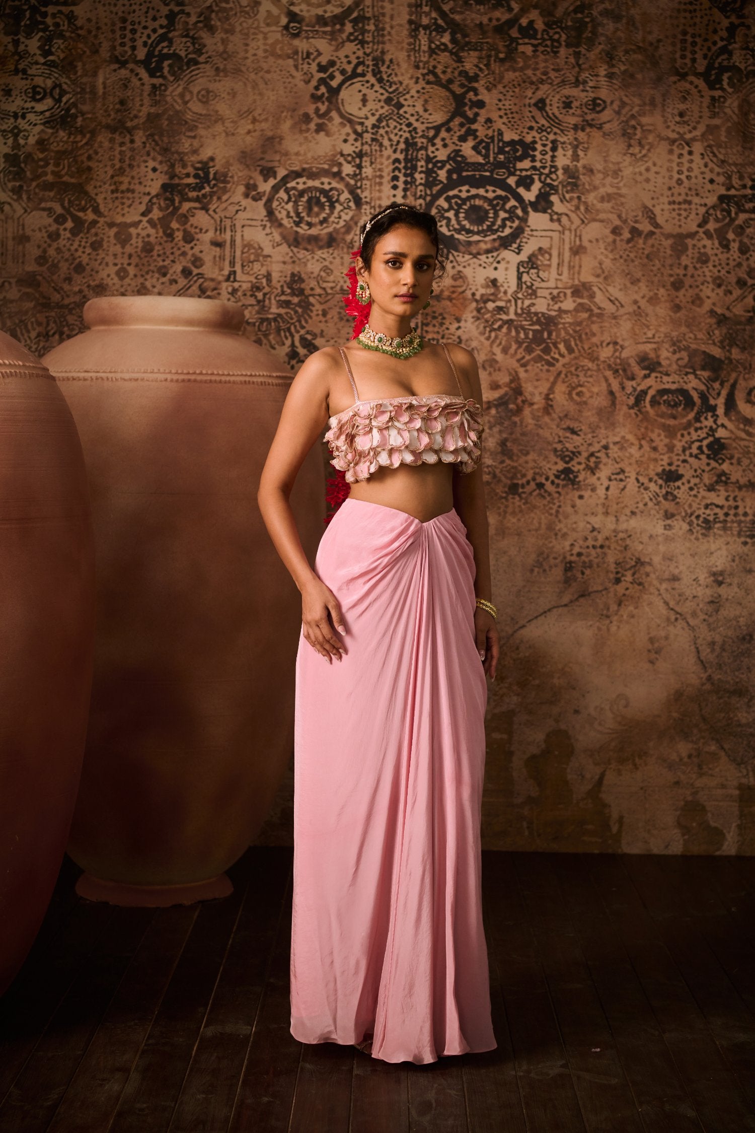Pink Emb Top With Drape Skirt